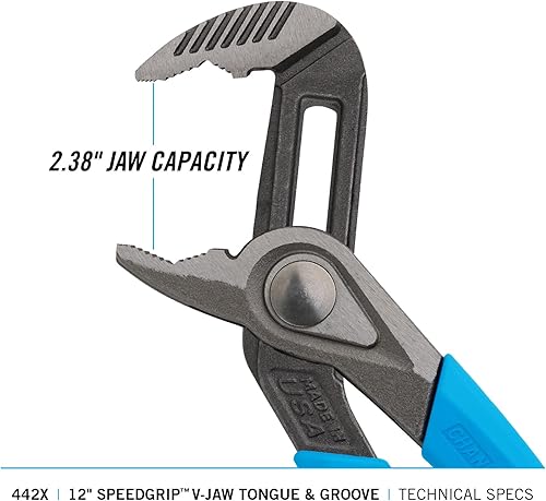 Miniatura 7 de Channellock Alicates V-JAW SPEEDGRIP de 442 x 12 pulgadas, acero forjado de alto carbono, ajuste de botón, fabricado en los Estados Unidos