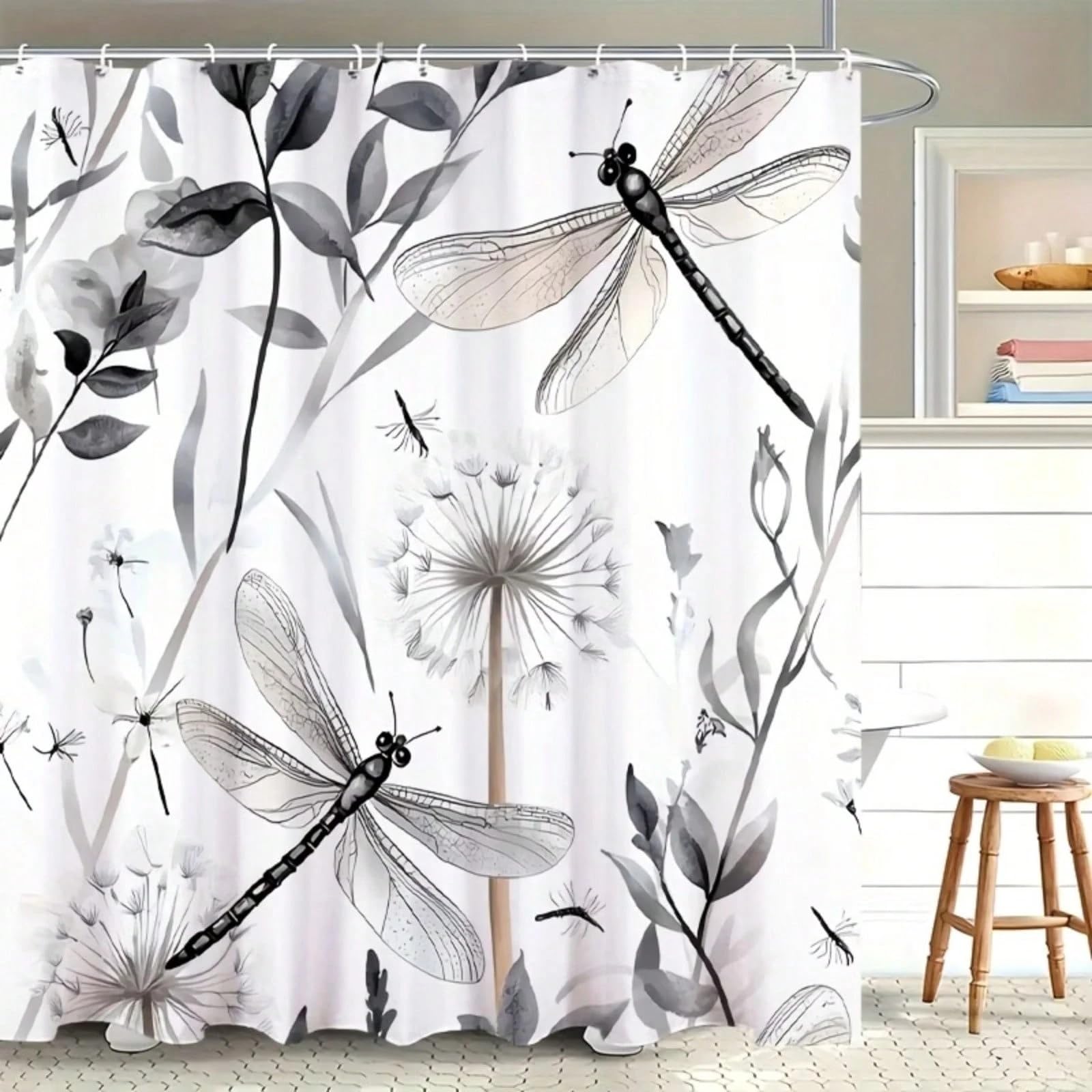 GLKSDLPO Elegant Dragonfly & Dandelion Shower Curtain Gray, Black, White Watercolor Design, For Easy Installation, Perfect For Bathroom(175x178cm/69x70in(WxH)