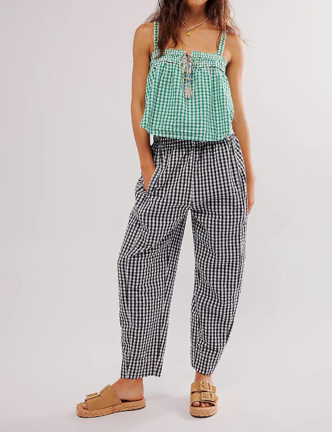 PEHMEA Cotton Gingham Boxer Pants for Women Casual Plaid Harem Trousers Y2K Beach Lounge Bottoms with Pockets - Image 3