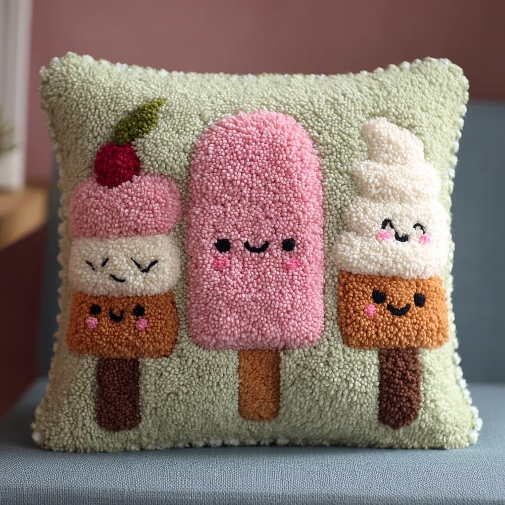 WallustrioaW Latch Hook Kits Pillow for Adults,Cartoon Ice Cream