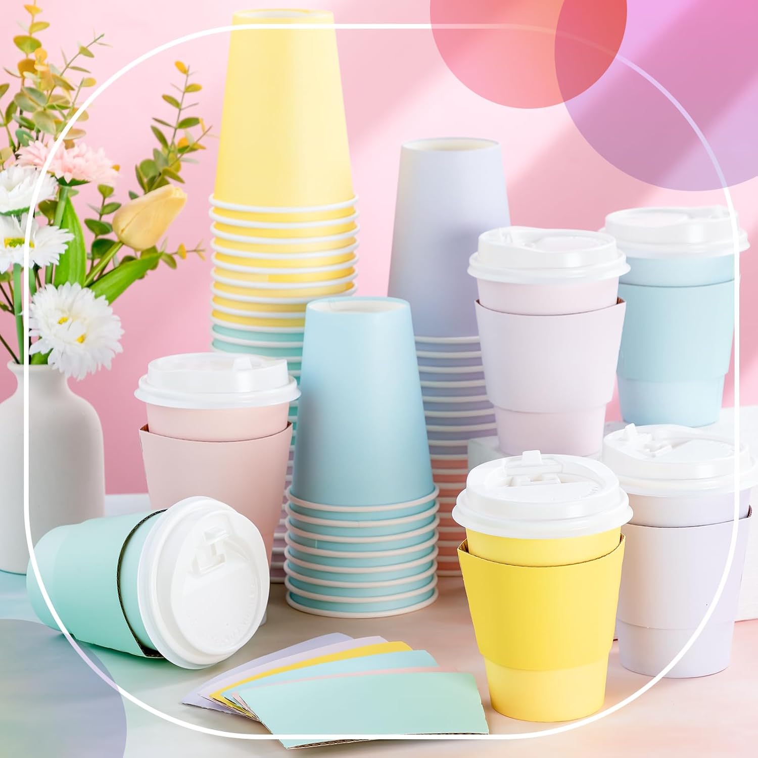 120 Pcs Easter Pastel Coffee Cups with Lids and Sleeves Paper, Disposable Coffee Cups Bulk with Pastel Color Drinking Mug for Hot Cold Beverage Tea Drinks and Easter Party Supplies (12 oz)