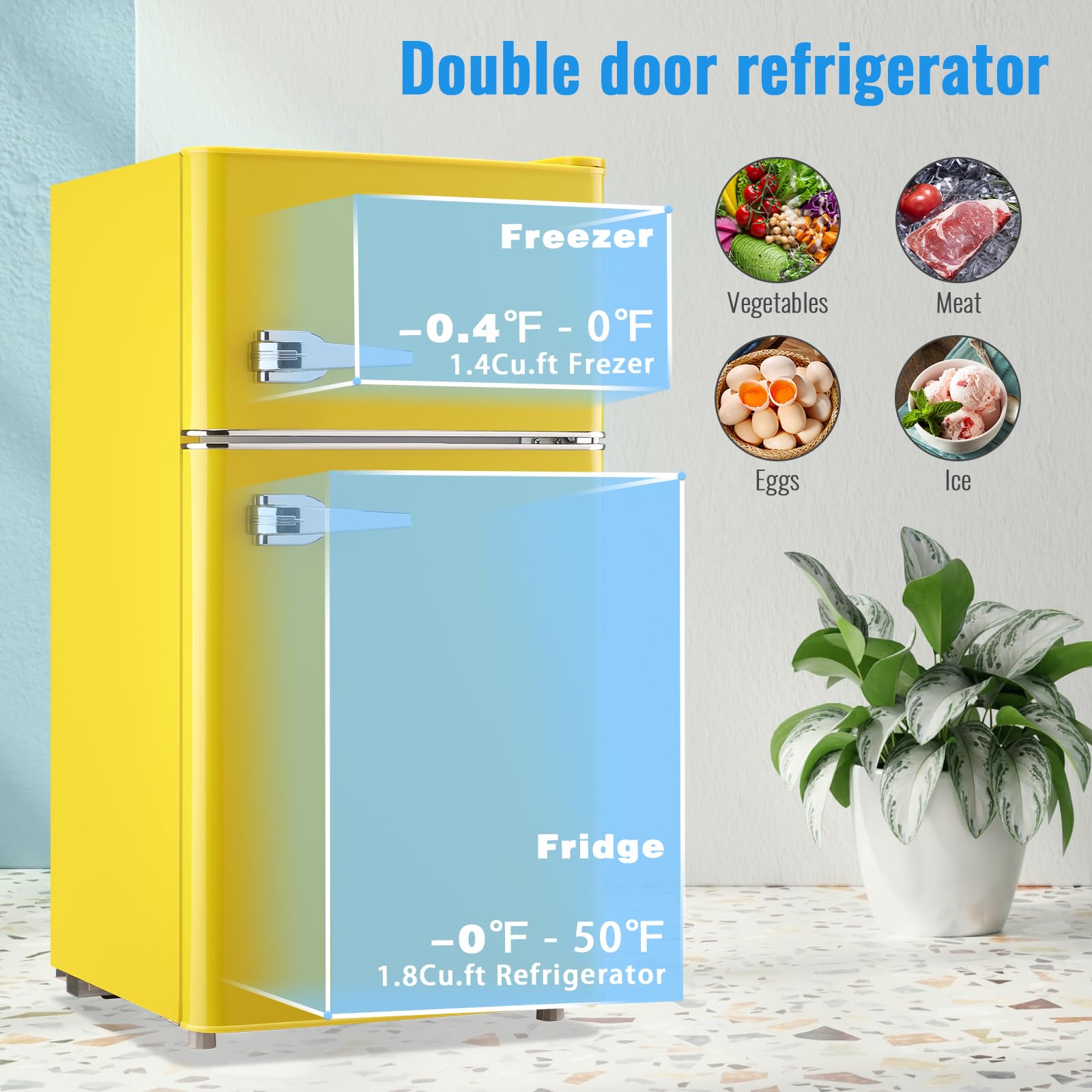 WANAI 3.5 Cu.Ft Mini Fridge with Freezer Small Retro Dual Door Refrigerator Freestanding Compact Refrigerator with Freezer 2 Door Mini Fridge for Bedroom, Dorm, Office, Cream, Yellow on Fridge.com