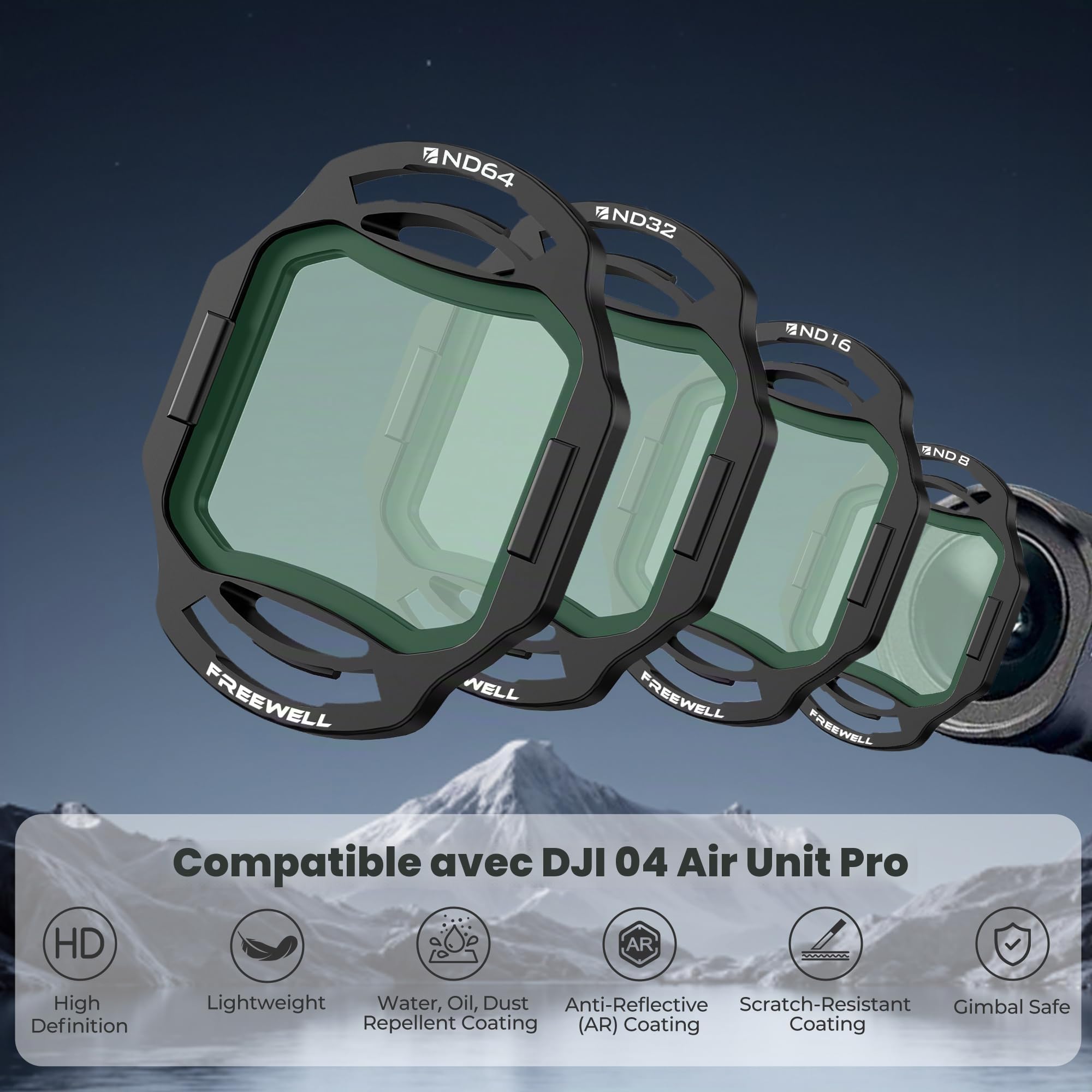 Freewell Lot de 4 filtres ND pour DJI O4 Air Unit Pro | ND8, ND16, ND32, ND64 – Réduit la vitesse d'obturation pour des séquences fluides et cinématographiques