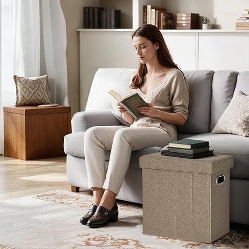 Miniatura 2 de COSYLAND Otomana con almacenamiento para habitación, taburete otomano plegable, reposapiés, asiento de tela de lino, otomano, pequeño, rectangular,
