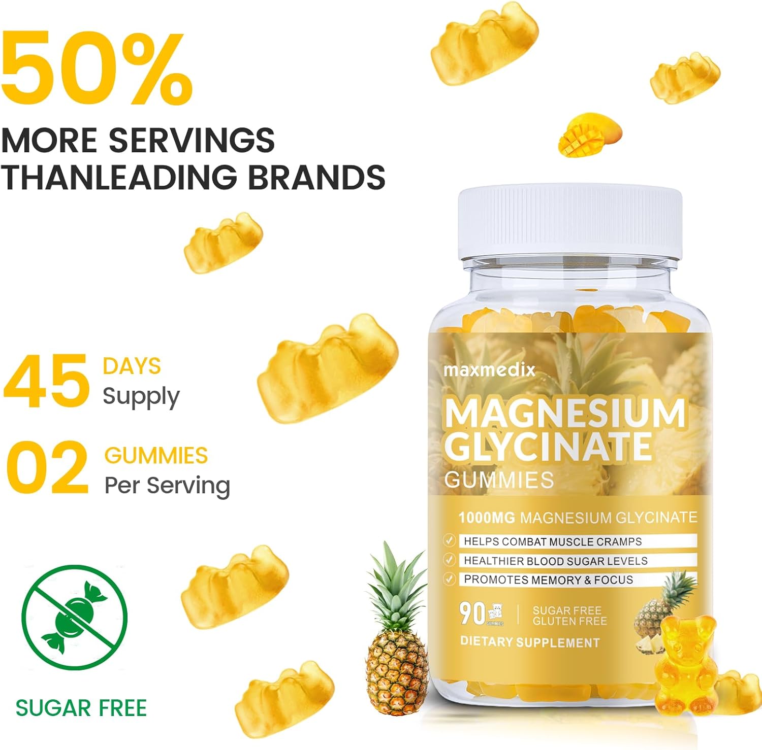 Magnesium Glycinate Gummies 1000mg, Sugar Free Magnesium Potassium Supplements Chewable for Adults with L-Threonate for Sleep, Body Support and Relaxation,90 Pineapple Gummies - Image 7