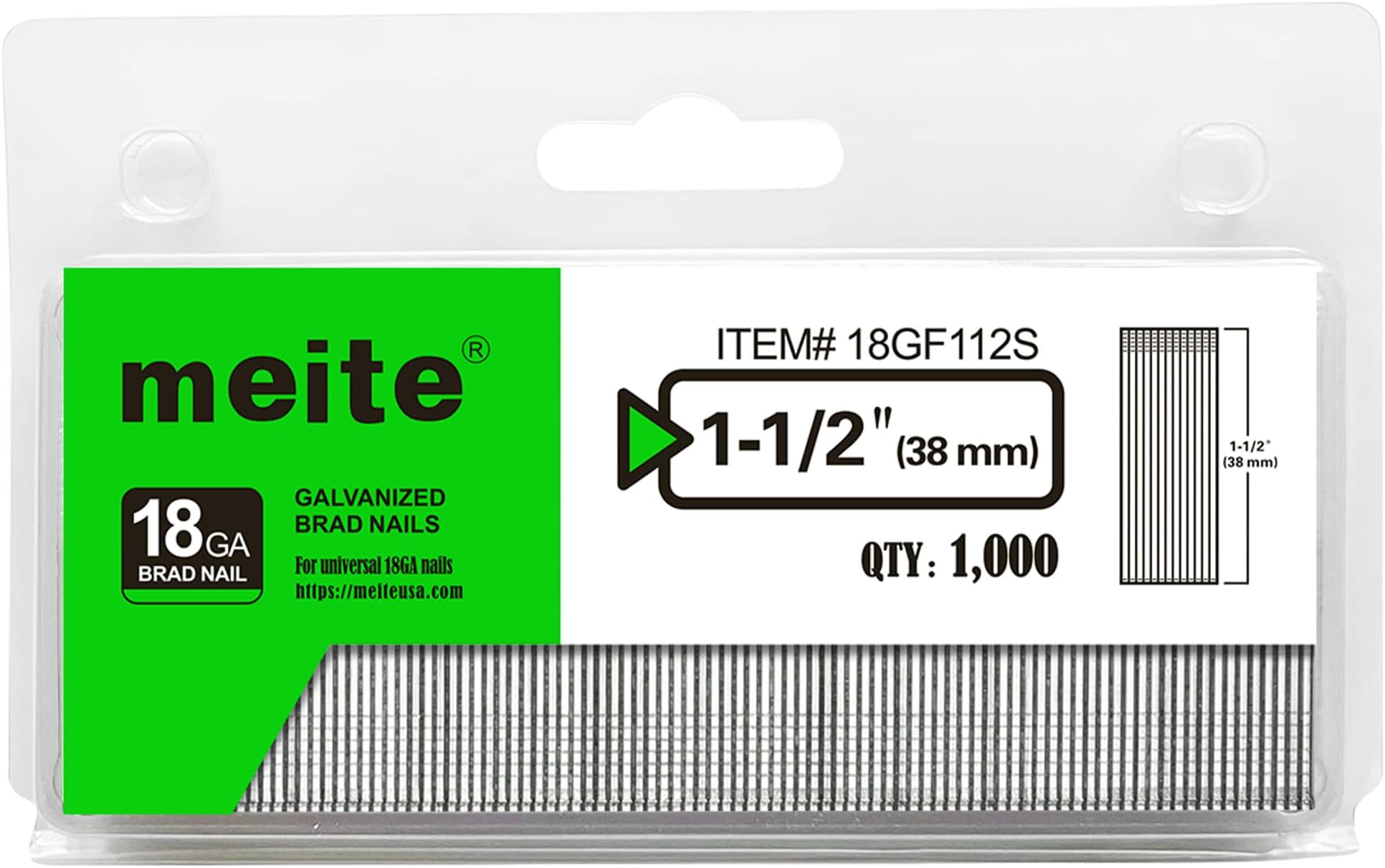 meite 18 Gauge Brad Nails, 38 mm Type 18G Brad Nails Galvanized Small Finishing Nail Gun Nails for Pneumatic, Electric Brad Nailer Gun (1,000 Counts)