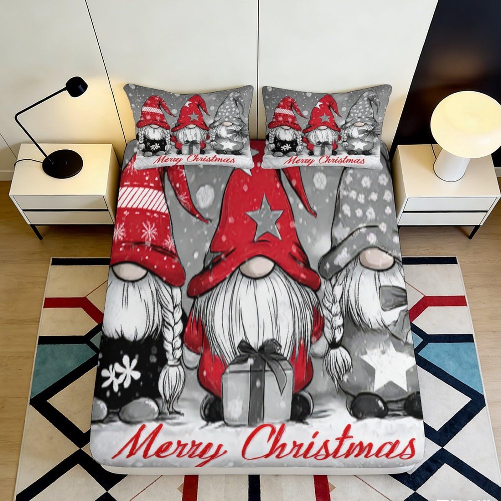 3D Printed Christmas Gnome Fitted Sheet Microfiber Red Grey Cartoon Mattress Cover for Bedroom Guest Room Decoration 90x200x25cm