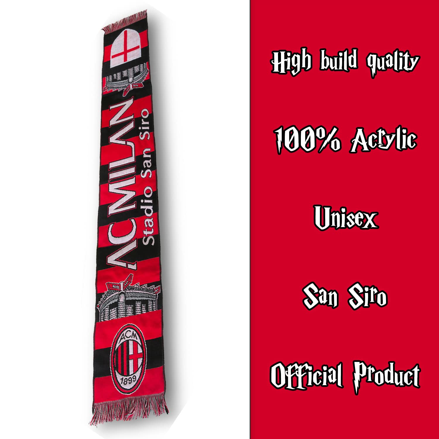 Sciarpa Ufficiale Milan Stadio San Siro 100% Acrilico Rosso Nero Unisex