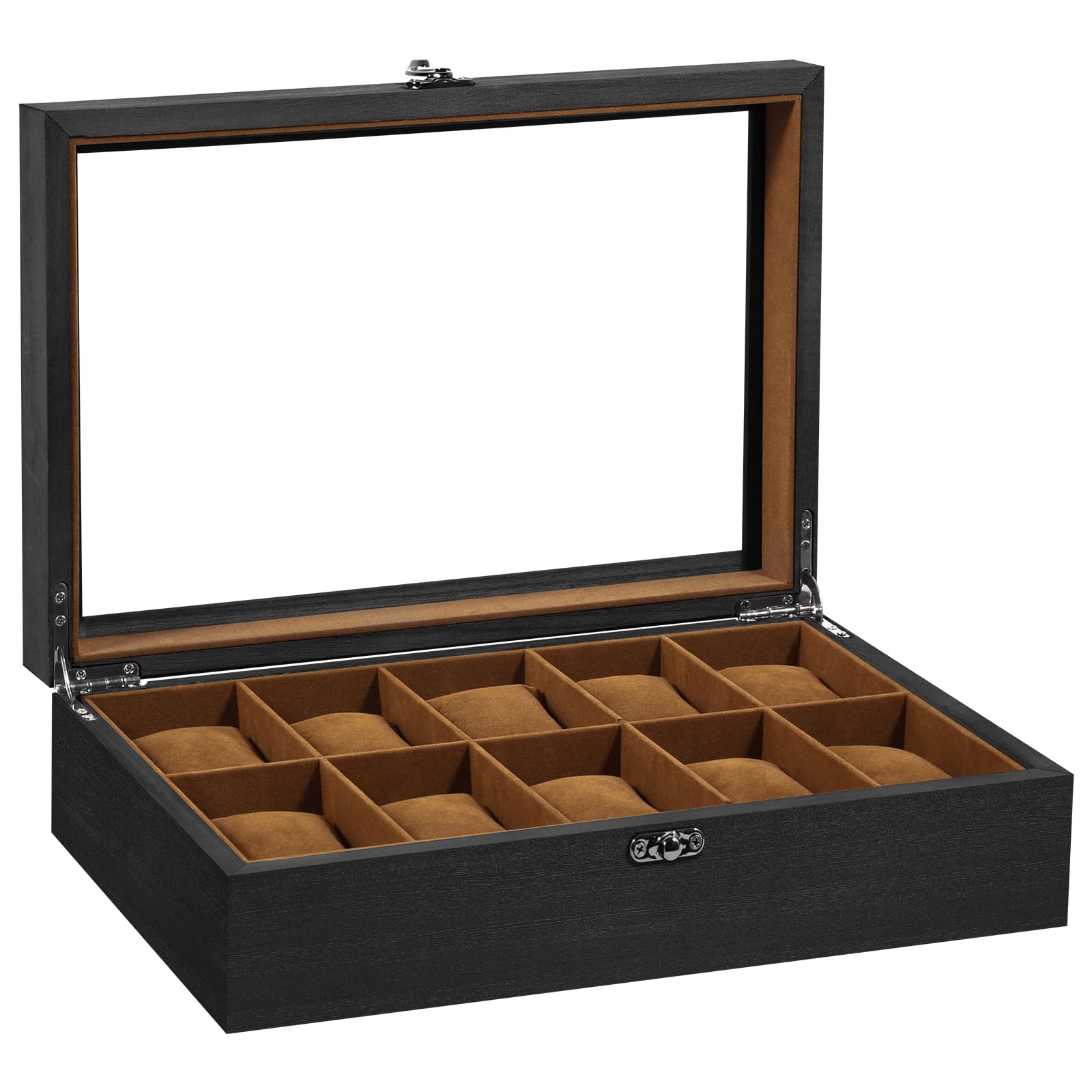 Uten Watch Box 10 Slots, Solid Wood Watch Case with Glass Lid, Metal Clasp, Watch Display Storage Box for Men and Women, Removable Silk Cotton Pillow, Brown Lining, Gift Idea for Watches, Jewelry