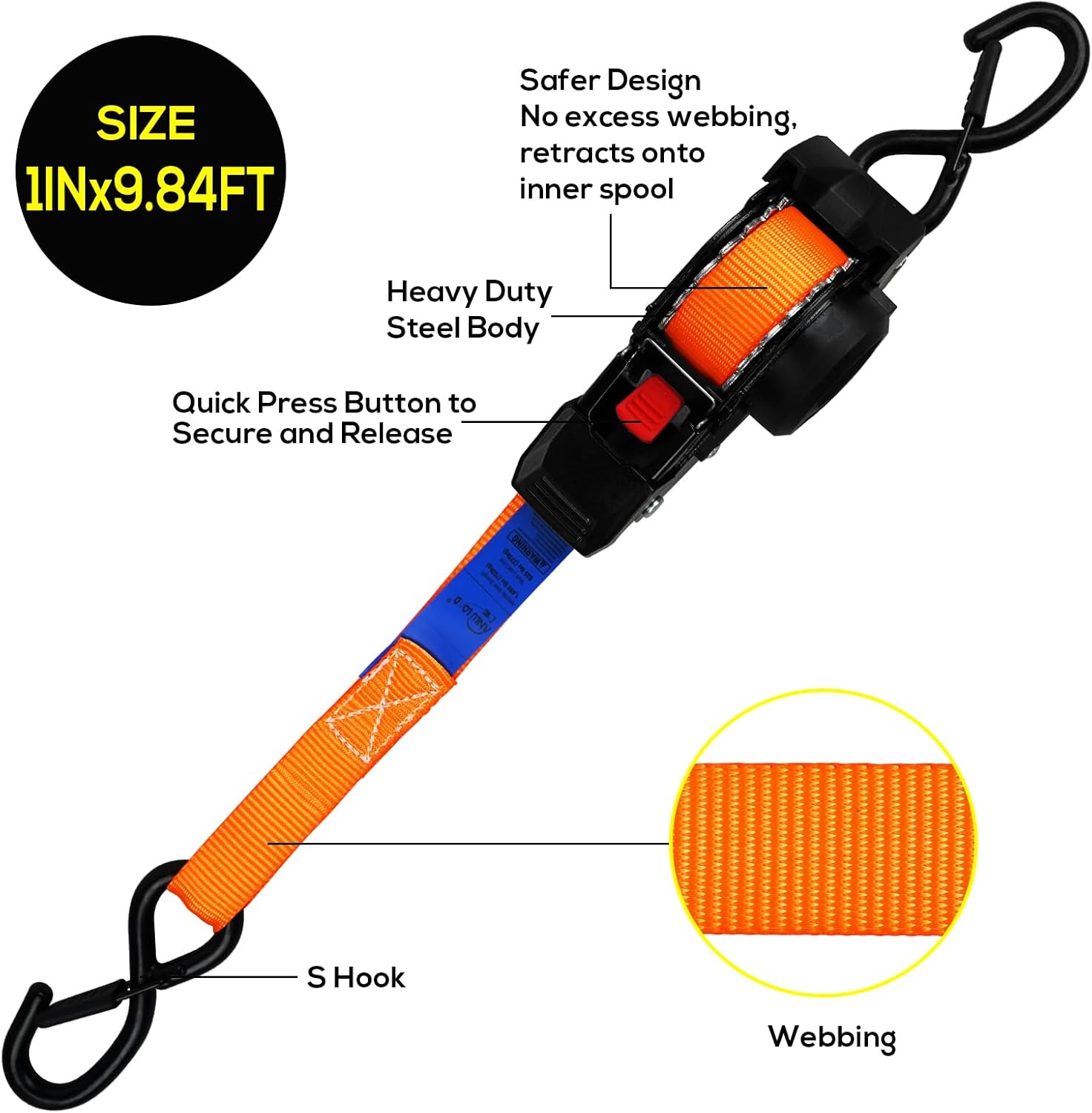ANLULOAD Retractable Ratchet Strap(1 in x 9.8 ft),Ratchet Tie Down Strap for Motorcycles, Boats,Atvs,Utvs.W.L.L:700 Lbs/B.S:2,100 Lbs-(4Packs) (Orange)