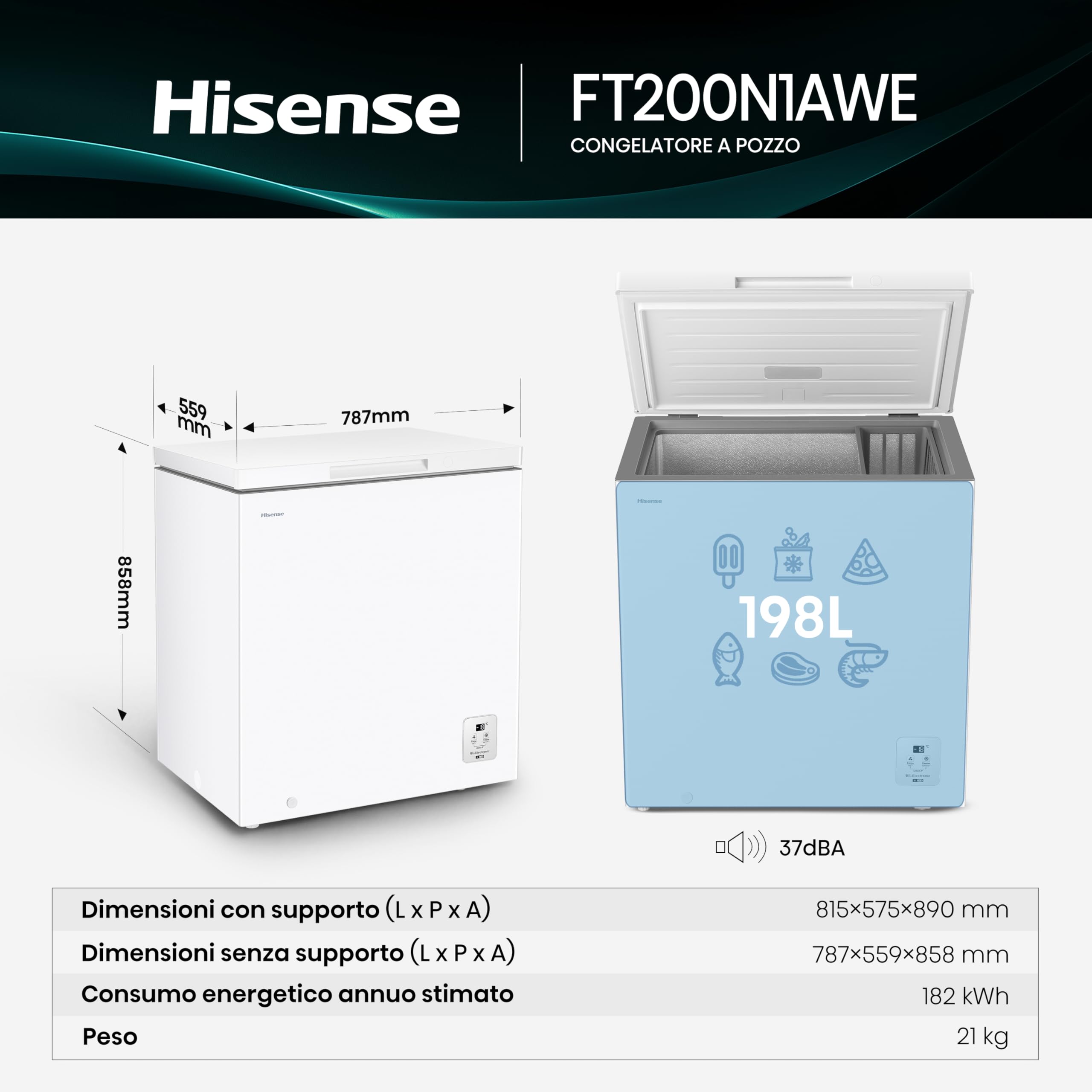 Hisense FT200N1AWE NUOVO Congelatore a pozzo 198 litri, Display Led, Super Silenzioso 40 db, classe E, (L*P*A): 78,7×55,9×85,8 cm, Bianco