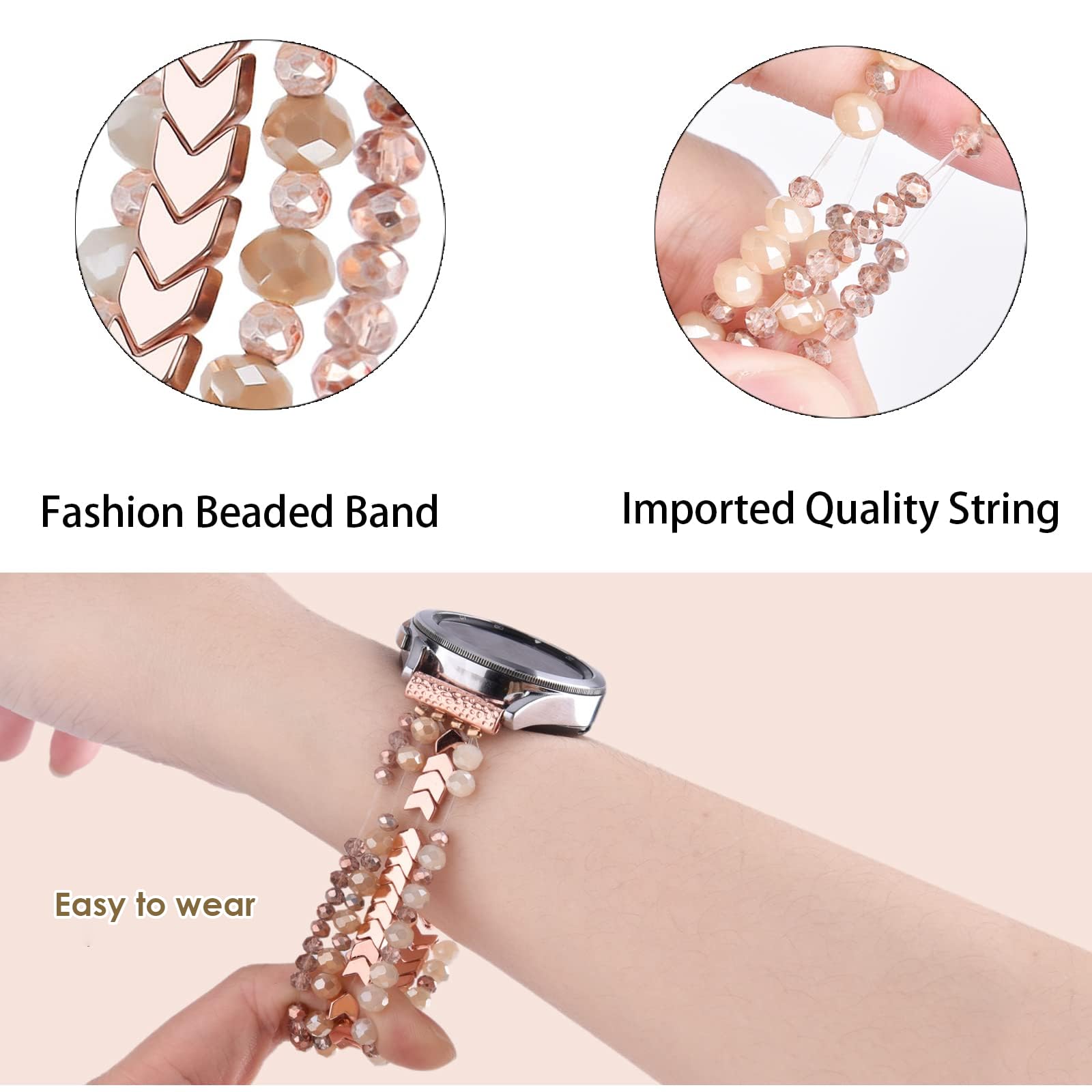 VISOOM Beaded Boho Bracelet Compatible for Samsung Galaxy Watch 6/5/4 40/44mm Bands/Active 2 Watch 4 Classic 42/46mm Band Women, 20mm Handmade Fashion Cute Elastic Crystal Beads Bracelet Replacement for Galaxy Watch 5 pro
