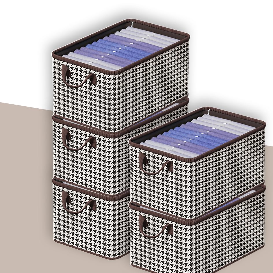 Image of PRIME PICK Foldable Clothes Storage Organizer Box with Handles, Non Woven Wardrobe Storage Bag for Clothes, Blankets and Toys, Black White (Black White Pack of 5)