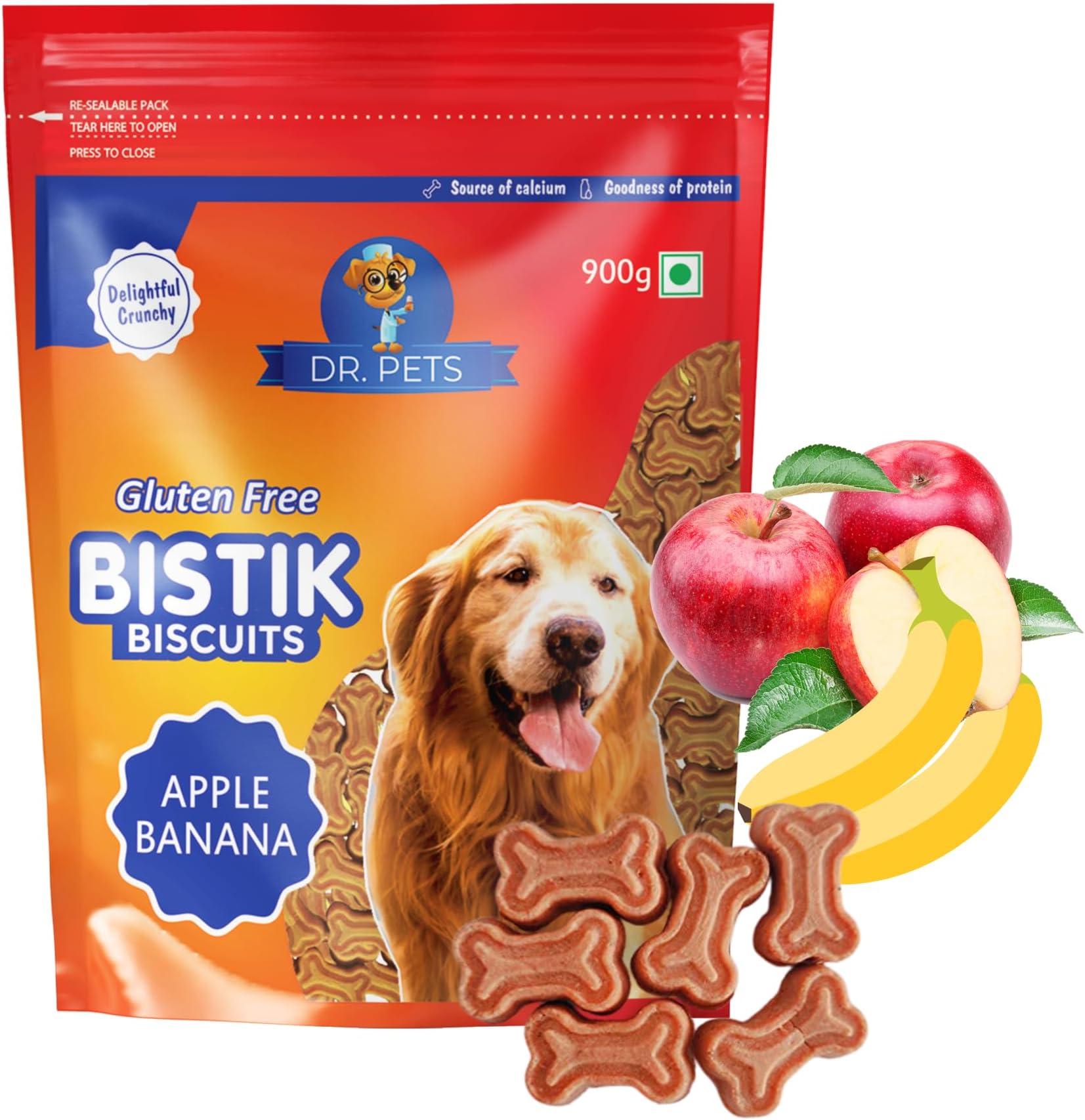 Dr. Pets 900g Bistik Dog Biscuits | Apple Banana Flavour | Gluten Free Crunchy Dog Treats for Puppies & Adult Dogs | Healthy Training Snacks for All Breeds