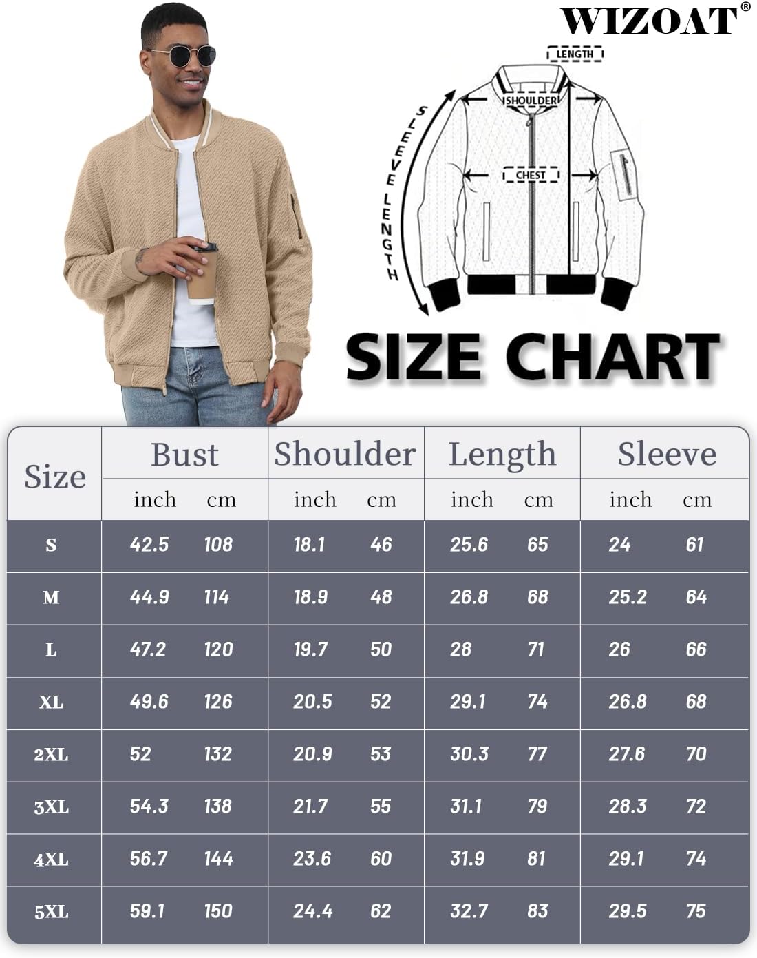 Wizoat Mens Casual Jacket Loose Fit Lightweight Jacket Varsity Bomber Jacket with Zipper - Image 6