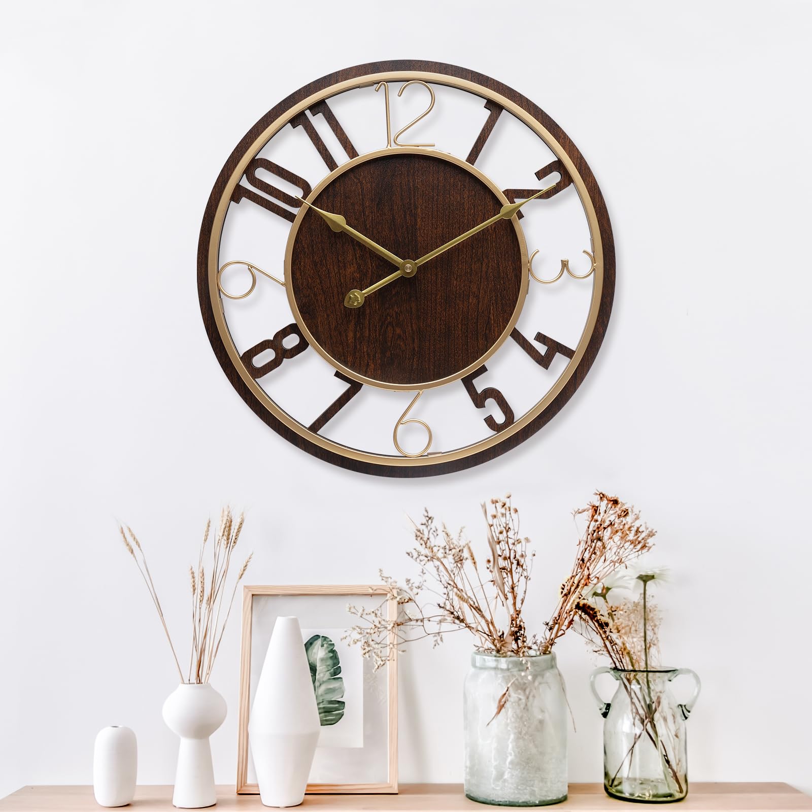 large wall clock 24 inch brown arabic numerals wooden clock battery operated silent non-ticking decor clock modern round oversize wall clocks for home, hotel, office, bedroom (brown, 24inch)
