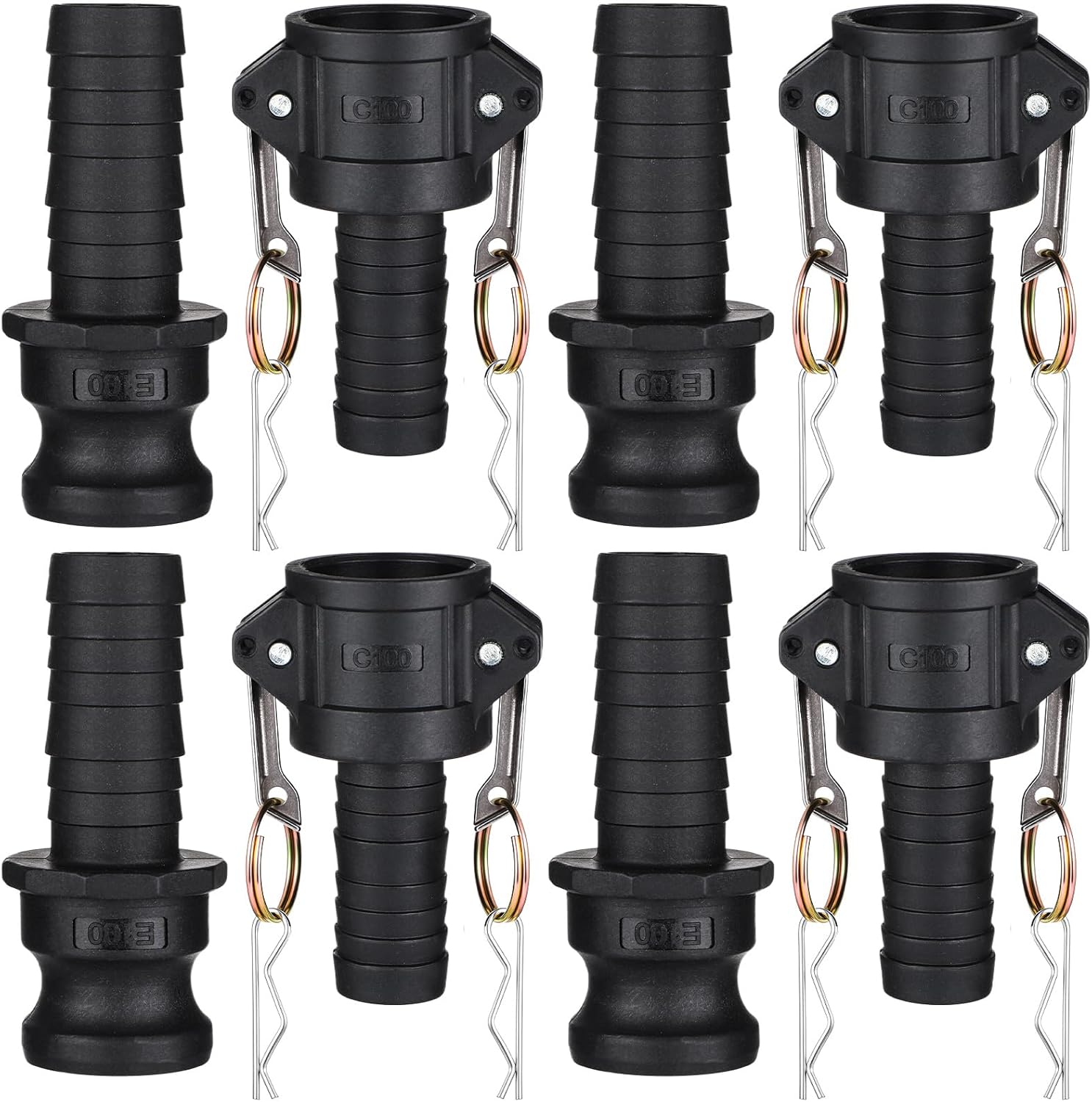 Pangda 4 Sets/ 8 Pcs Camlock Fittings 1 Inch Type C & E Polypropylene Cam and Groove Hose Fitting Kit with 1" Female & Male Camlock x 1" Hose Shank, Cam and Tube Couplings