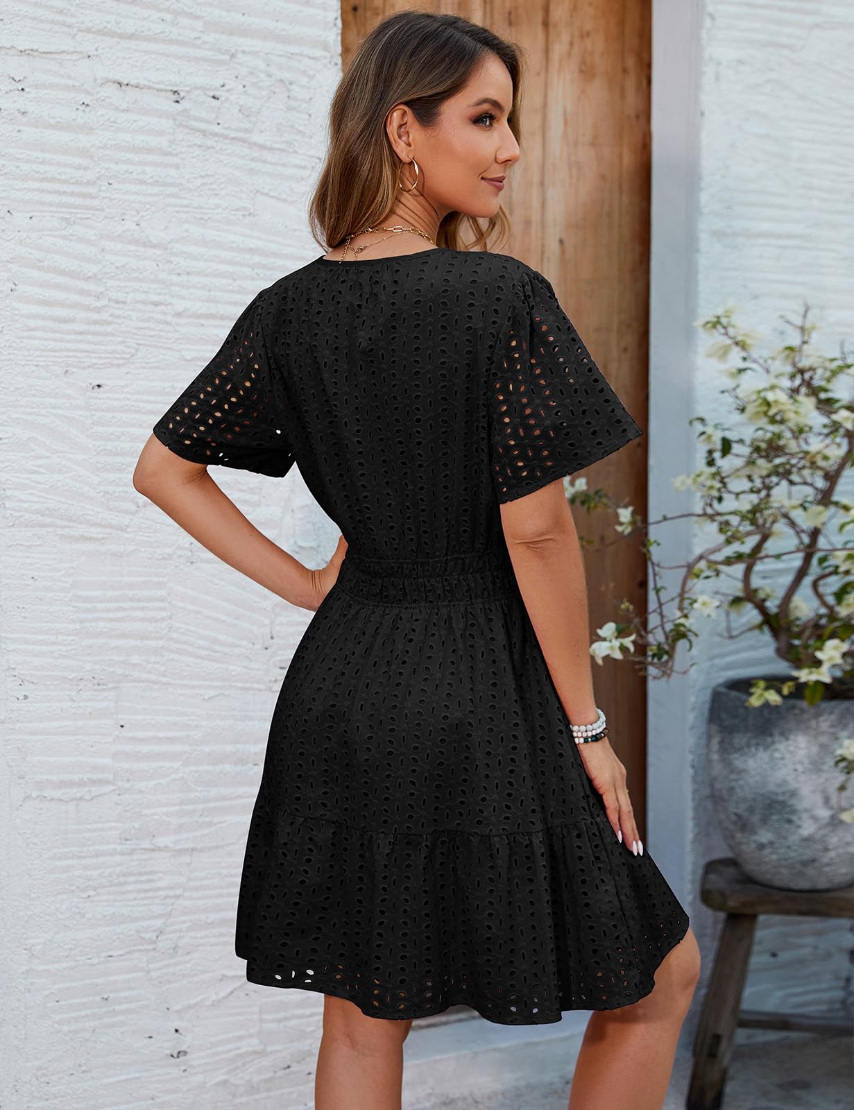 Svanco Sommerkleid Damen Baumwolle Kurzärmelige A-Linien Kleid Knielang Freizeitkleid Elegant V-Ausschnitt Midikleid für Frühling und Sommer