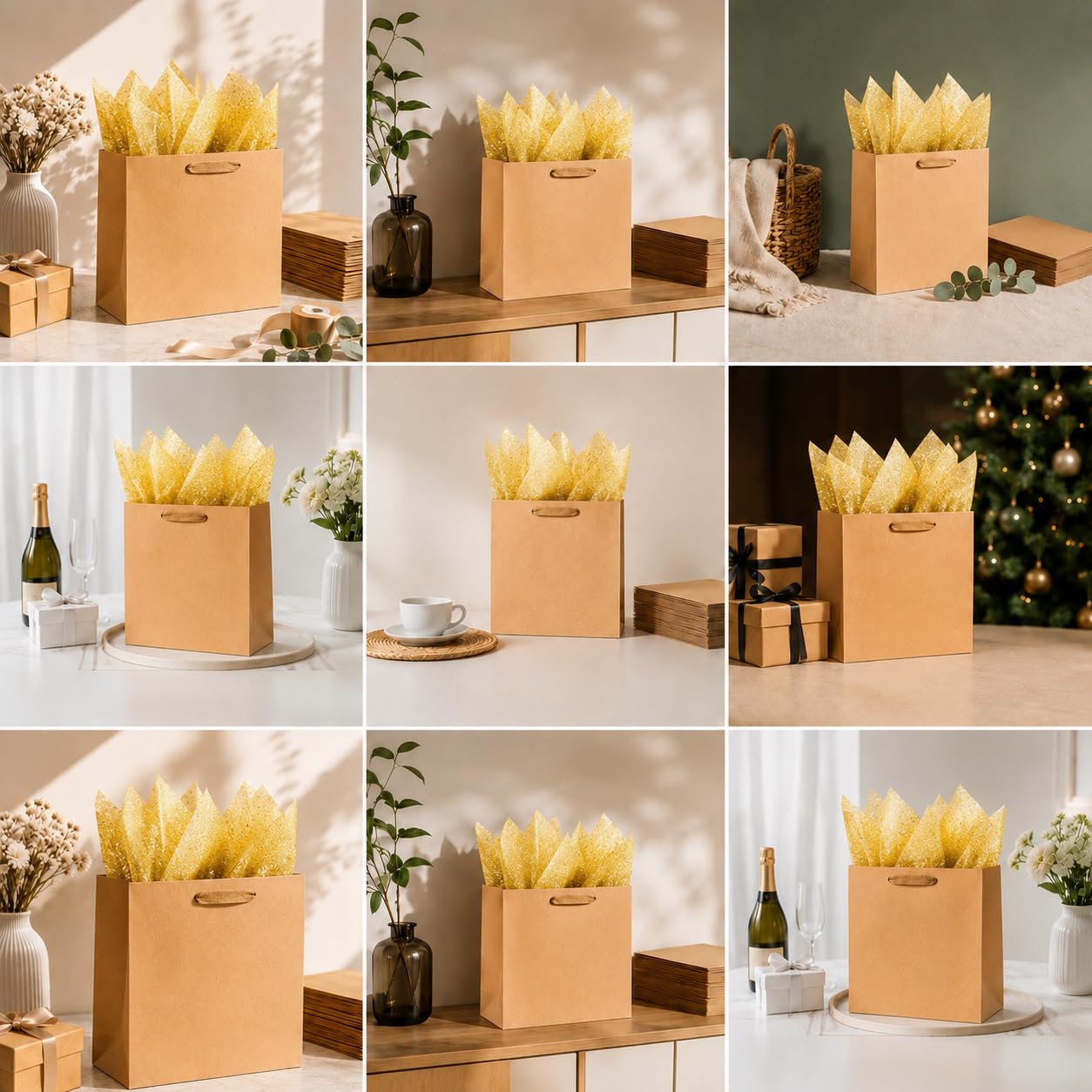 SHIPKEY 12 dużych brązowych torebek prezentowych, torebki typu kraft ze złotym papierem, 32 x 11,5 x 28 cm, papierowe torebki z uchwytami, 12 szt