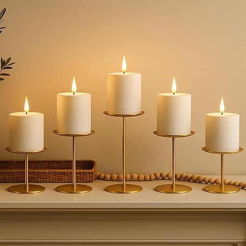 Miniatura 3 de smtyle Portavelas de metal de hierro dorado para velas de pilar, juego de 5 discos, centro de mesa para mesa de mesa, cena, fiesta, boda, evento