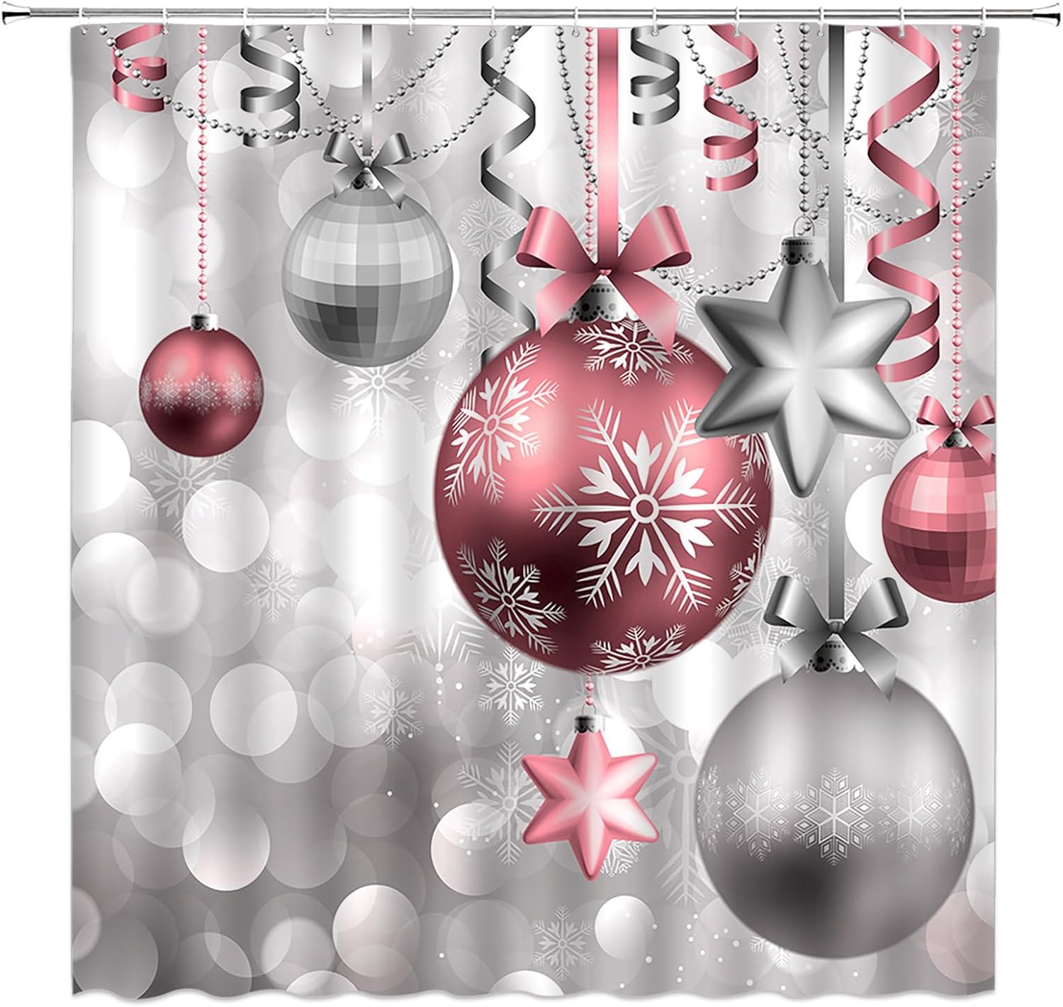 GCTNBJL Christmas Ball Shower Curtain Pink Silver Gray Xmas Ball Snowflake Fantasy Winter Holiday Festival Extra Long Bathroom Home Curtain with Hooks,70" Wx78 H