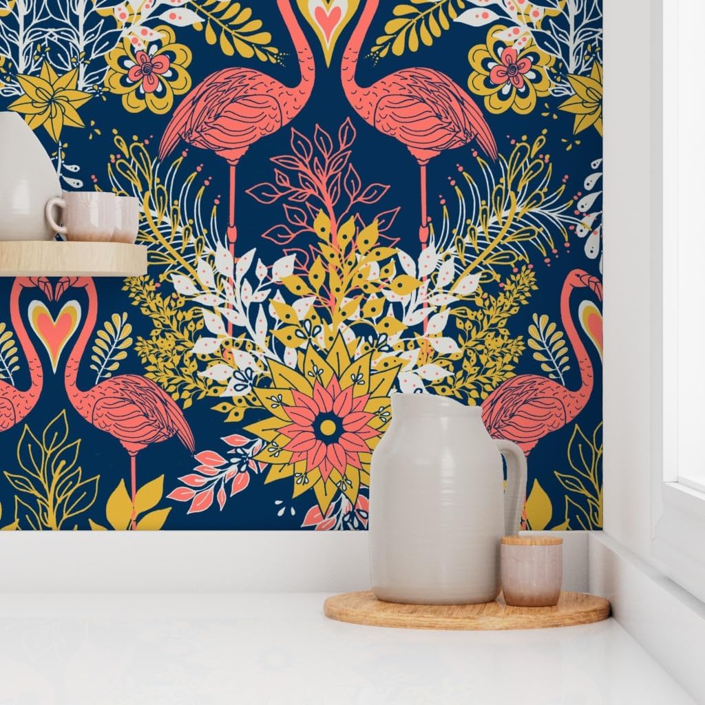 Removable Wallpaper 6ft x 2ft - Flamingo Water Garden Flowers Floral Birds Animals Heart Love Custom Pre-Pasted Wallpaper by Spoonflower