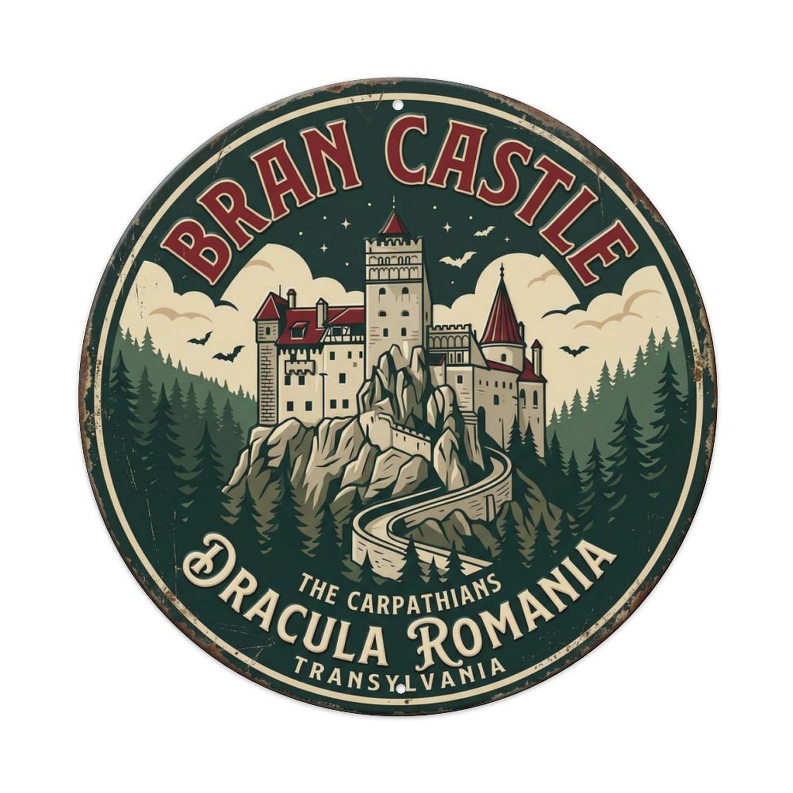 Bran Castle Dracula Romania Fortress Metal Tin Sign Plaque Wall Decor for Cafe, Club Bar, Office, Home Garden Round Metal Poster 8x8Inch