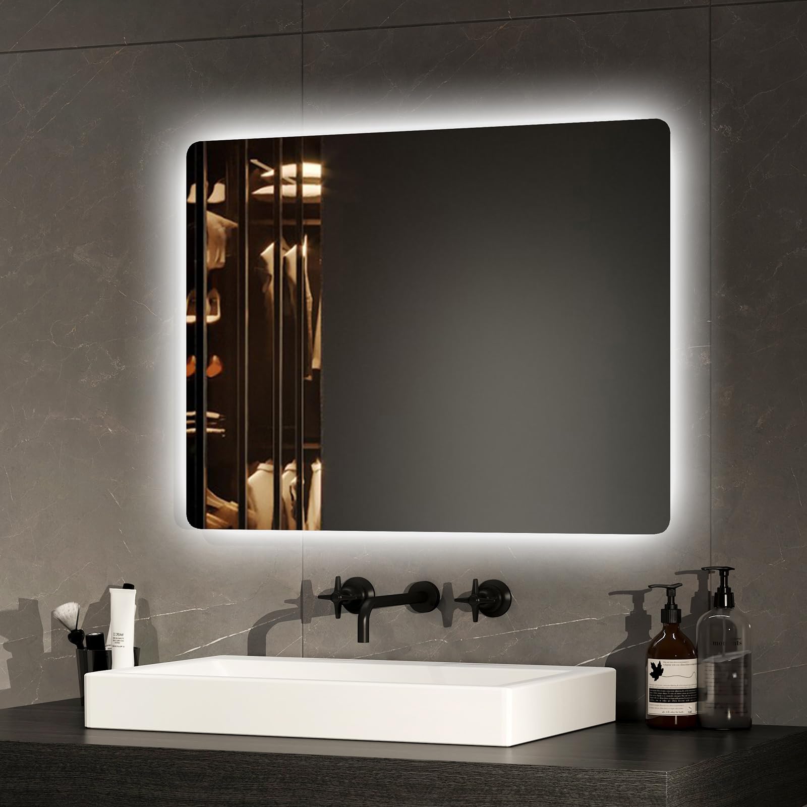 EMKE Espejo de baño retroiluminación LED 60 x 45 cm, Espejo de baño con luz, Interruptor mecánico y antivaho, Dos Colores de luz Blanca y luz cálida