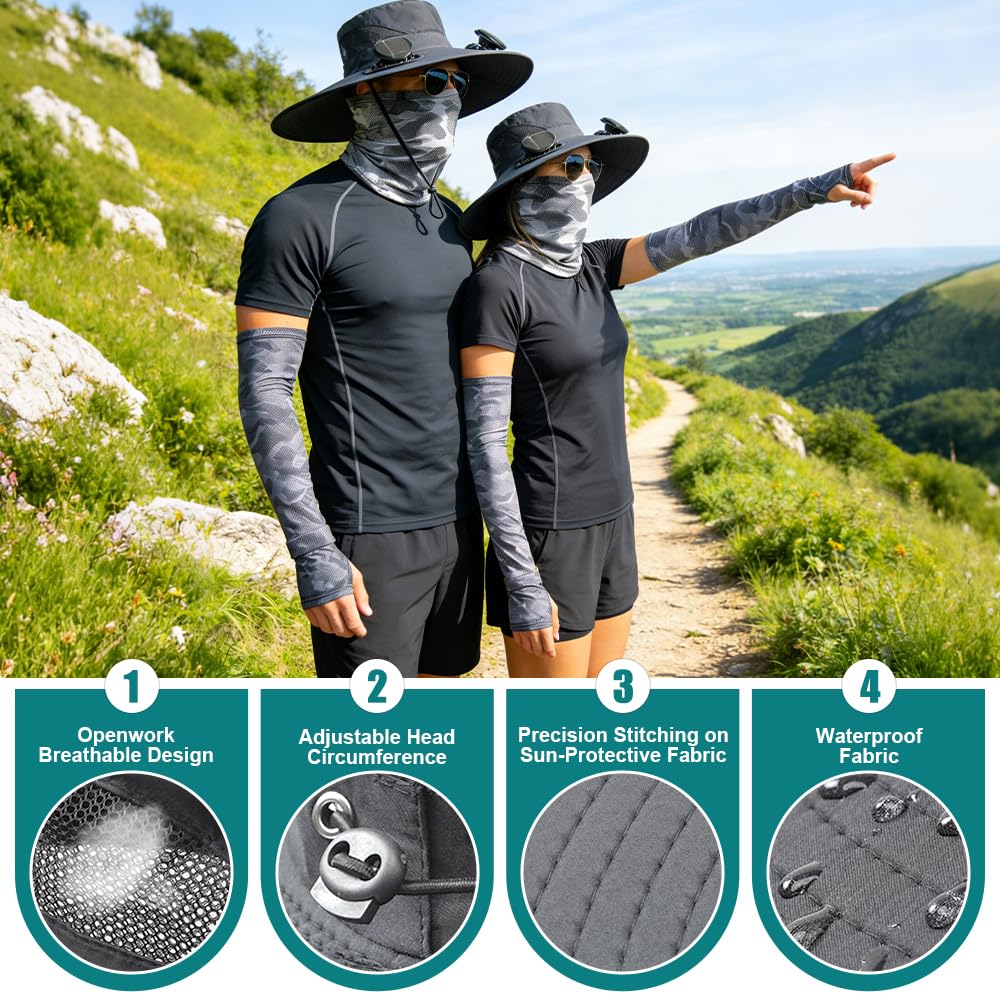 Cappello da sole a tesa larga con ventilatore integrato, 3 velocità del vento regolabili, ricarica solare e USB, con ventola, per escursionismo, campeggio, pesca, alpinismo, protezione UV estiva