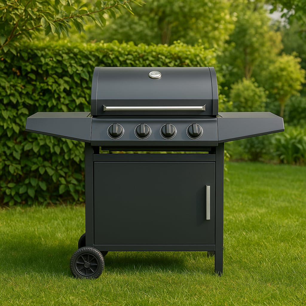 Barbecue a Gas Montana Ambra Garden 3 Fuochi + 1 Fornello Laterale Grigia Acciaio Smaltato 13,3 kW Butano/Propano