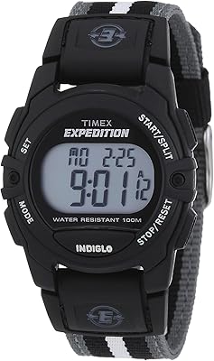 Timex Expedition Digital Cat 33mm, Orologio Unisex, Cassa Nera con Cinturino in Tessuto a Righe Nere e Grigie, T49661