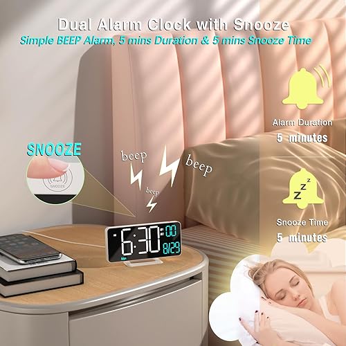 Miniatura 5 de KOSUMOSU Reloj despertador digital pequeño de 6.7 pulgadas para dormitorio, atenuación automática, alarma doble, fecha, segundos, día de la semana,