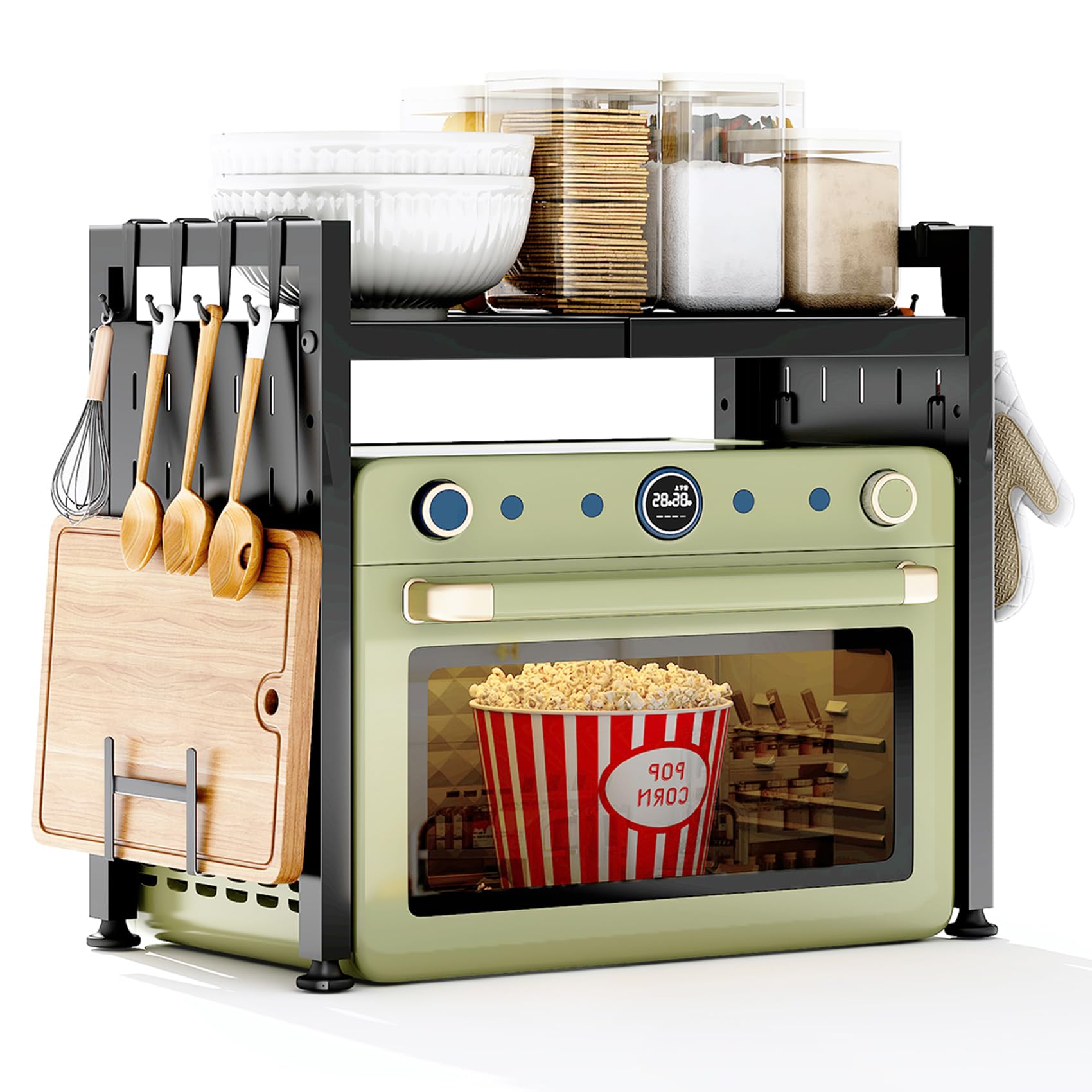 SAYZH Soporte Microondas Extensible, 2 Niveles estante microondas con 10 Ganchos, Soporte Para Microondas Para Encimera de Cocina, 40-70 cm, Negro
