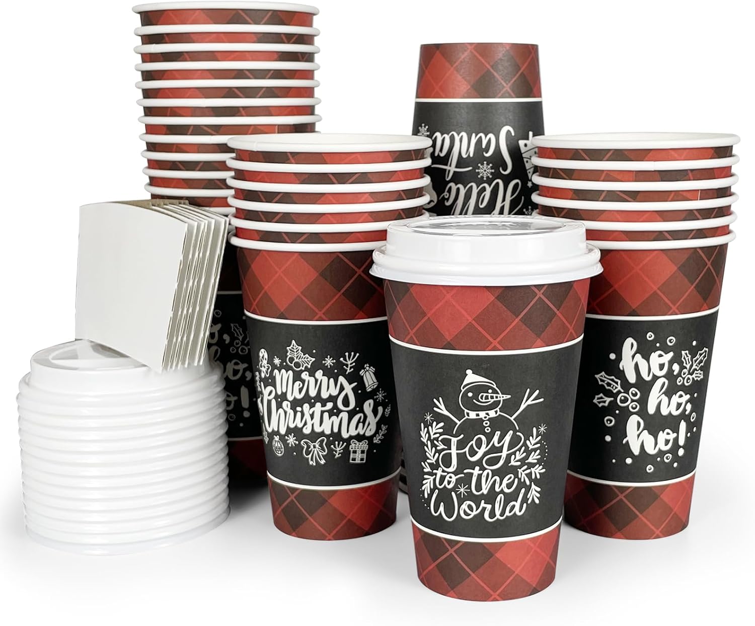 Disposable Coffee Cups with Lids for 100 Guests 16 oz, Christmas Buffalo Plaid Hot Cups for Coffee/Tea/Water/Juice, Xmas Premium Party Tableware Sets for Holiday, Winter, School, Family