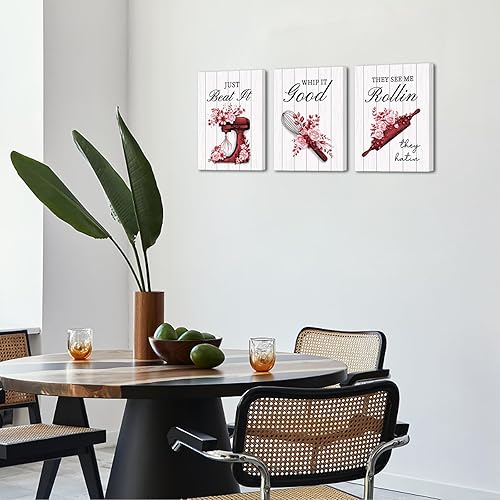 Miniatura 4 de RnnJoile Red Kitchen Decor Funny Kitchen Picture Wall Art Bakery Room Wall Decor Canvas Framed Chef Cooking Gift 12x16inchx3pcs (Red)