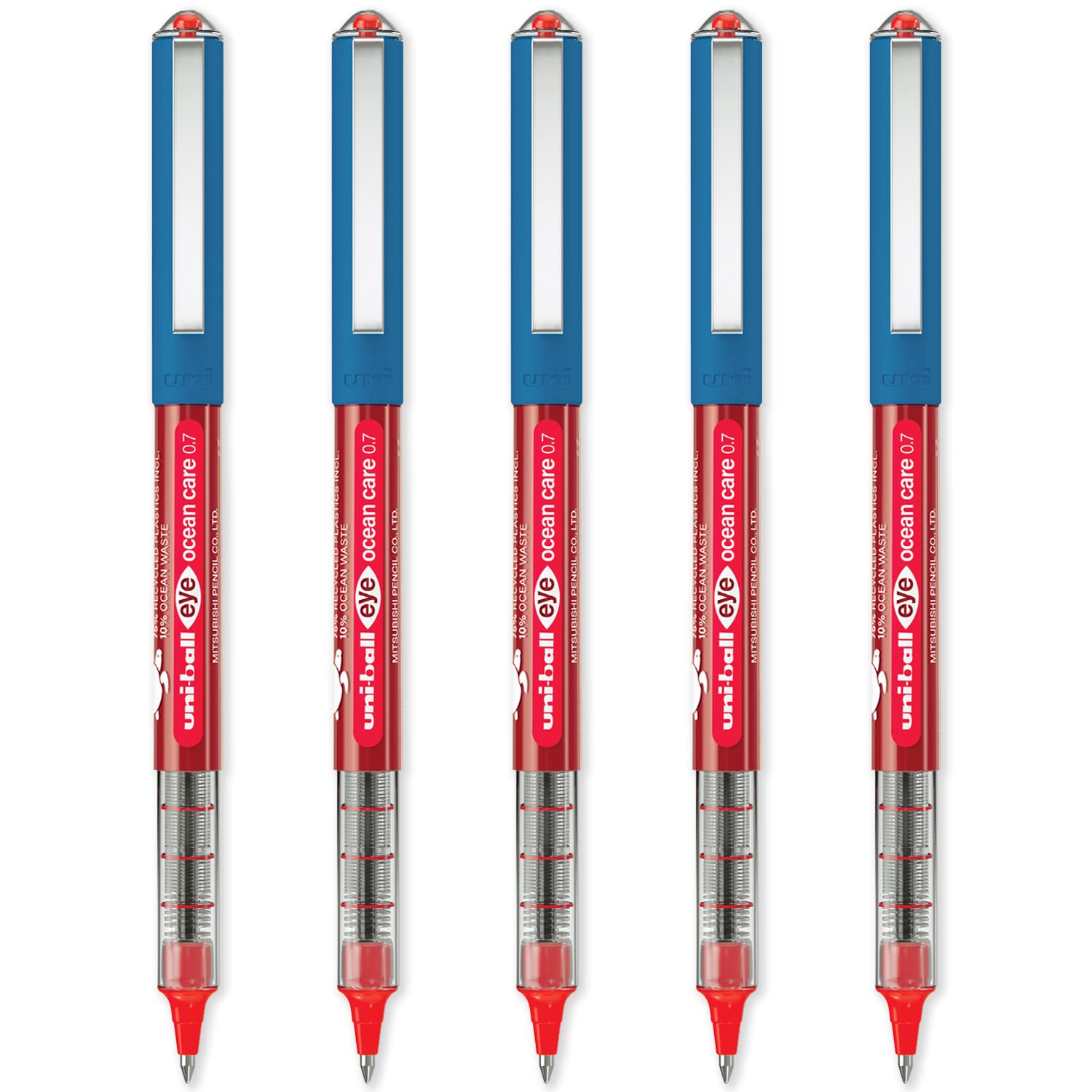 uni-ball Eye Ocean Care UB-157ROP Lot de 5 stylos roller à pointe fine de 0,7 mm – Écriture / Dessin / Art / Artisanat / Coloriage – Résistant à l'eau et à la décoloration – Encre rouge