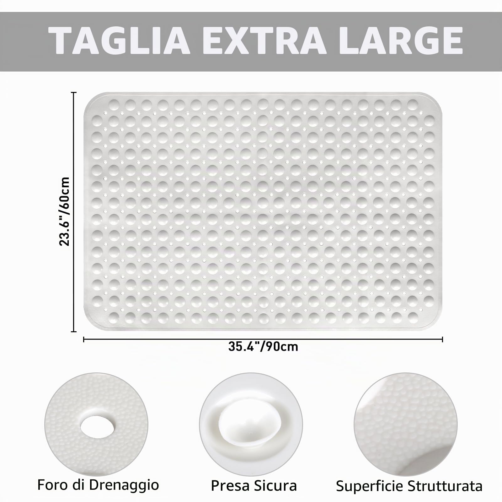Tappetino da doccia antiscivolo, 90 x 60 cm, extra large, per box doccia interno, morbido TPE lungo, anti-muffa, opaco, con forti ventose