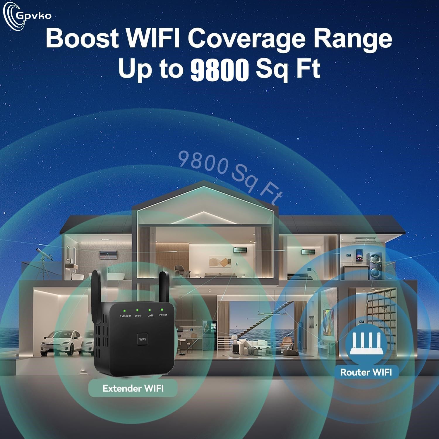 Extension WiFi 2026, amplificateur WiFi, répéteur WiFi, couvre jusqu'à 9 800 m² et 50 appareils, booster Internet – avec port Ethernet, configuration rapide, amplificateur de signal sans fil