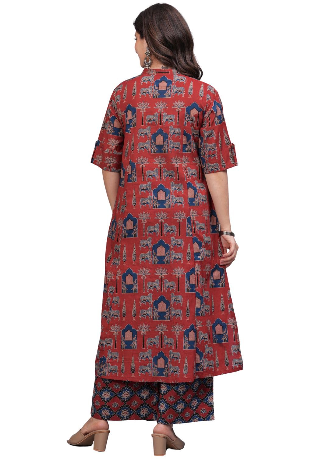 Rytras Women's Pure Cotton Printed A-Line Kurta Set With Palazzo Pants - Ethnic Wear, Maroon(Ryt595,Xxl)