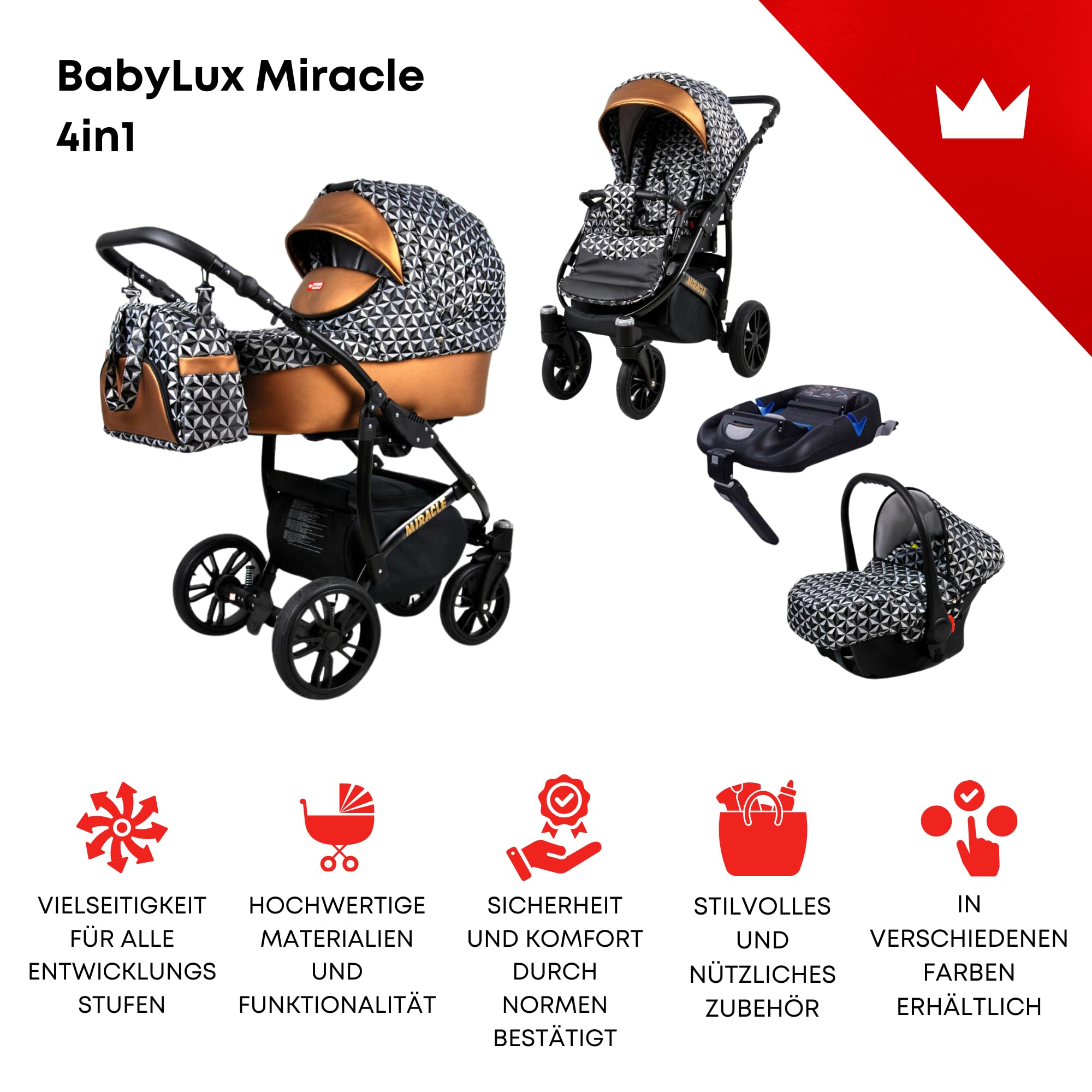 BabyLux Zestaw wózków dziecięcych 4 w 1 – Miracle – w zestawie wanienka dla niemowląt, fotelik sportowy, fotelik samochodowy, stacja bazowa ISOFIX – fotelik samochodowy – zestaw wózków dziecięcych