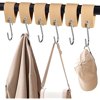 Pack of 6 S Hooks with Leather Loop Hooks for Clothes Rail Hooks Stainless Steel for Wardrobe Kitchen Bathroom Camping Apricot
