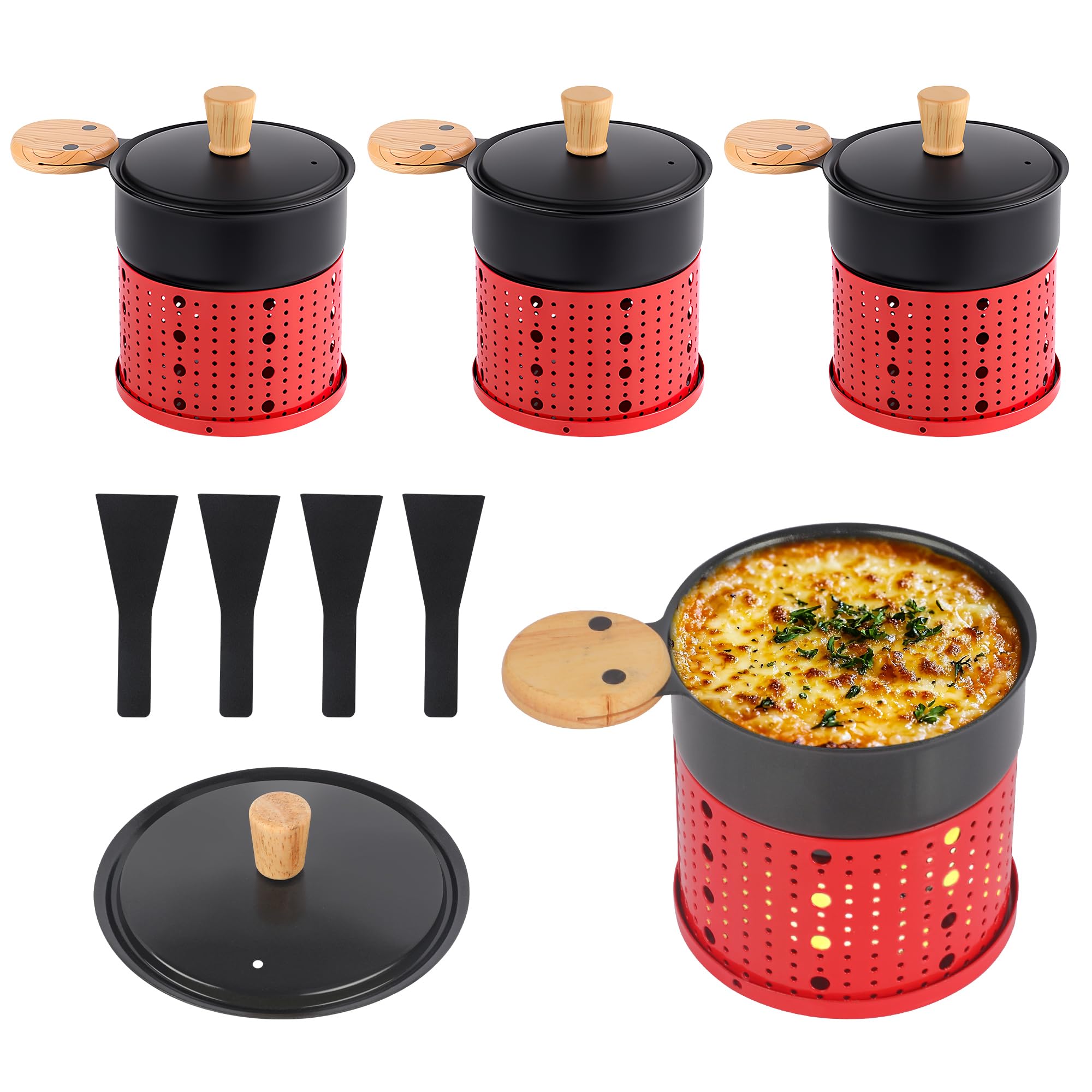 ipow Lot de 4 Appareil Raclette Bougie à Revêtement Antiadhésif,Poêlon Raclette Individuelle de Fusion Rapide sans Fil pour Fromage Fondu Chocolat Oeuf Frit à Table,dans Jardin,en Camping,4 Pelles