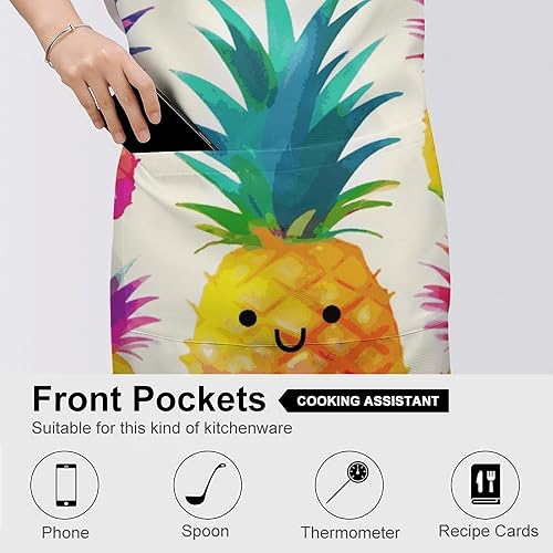 Miniatura 5 de MUSM Apron for Adults - 27.6 X 31.5 Inch, Heavy-Duty Polyester Aprons with Two Large Pockets, Waterproof Rainbow Pineapple Cartoon Kitchen Apron for