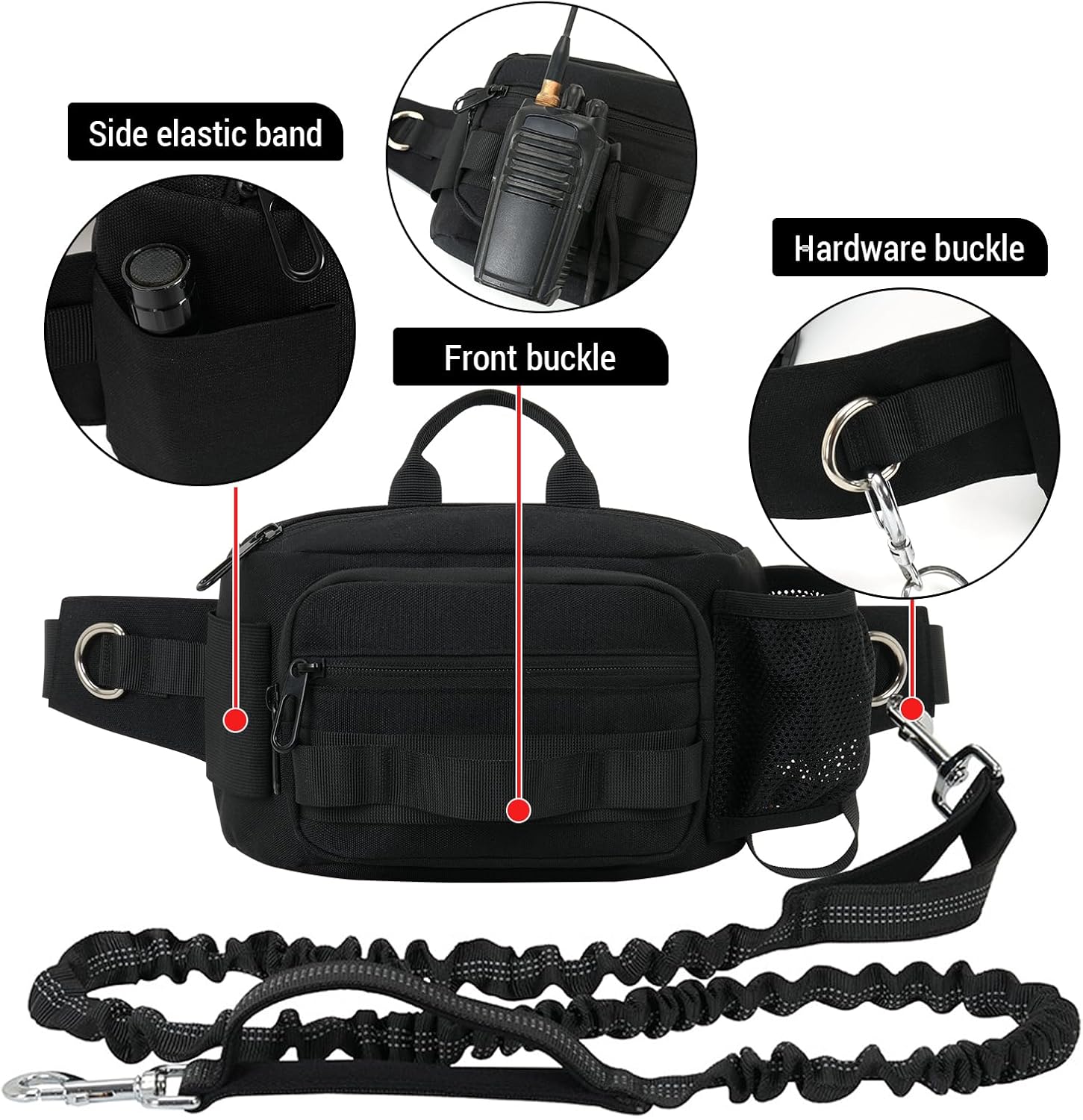 Hands Free Dog Leash with Waist Bag, Retractable Bungee Leash Portable with Dual Handles + Multifunctional Zipper Pouch for Dog Training Walking Running Cycling