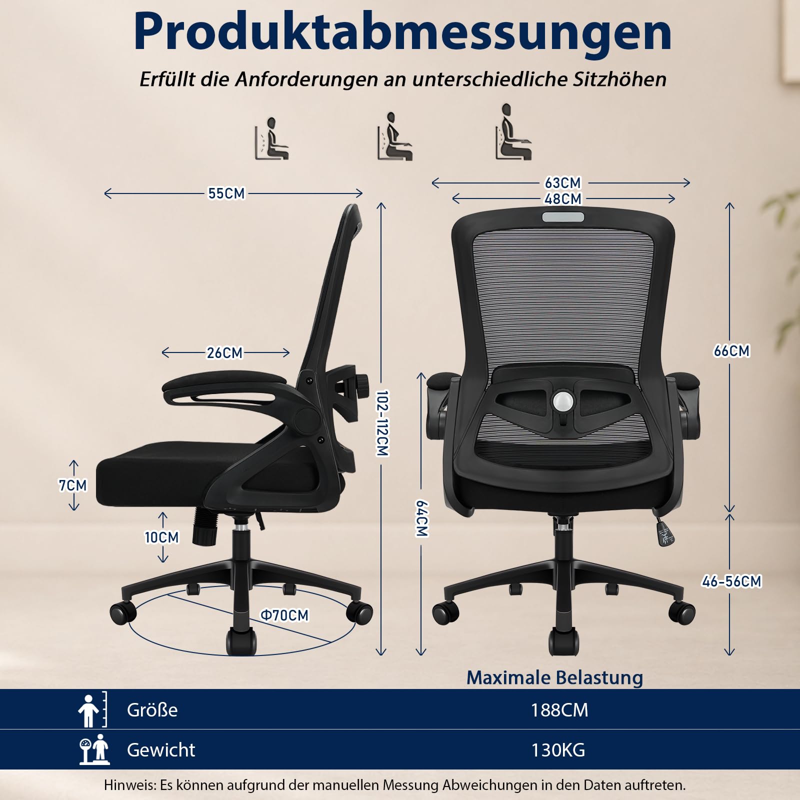 Ergonomischer Bürostuhl, Drehstuhl ohne Kopfstütze, 4D-Lendenstütze, Kappbare Armlehnen, Wippfunktion bis 125°, 90° arretierbar, höhenverstellbarer Schreibtischstuhl, 130 kg, Schwarz
