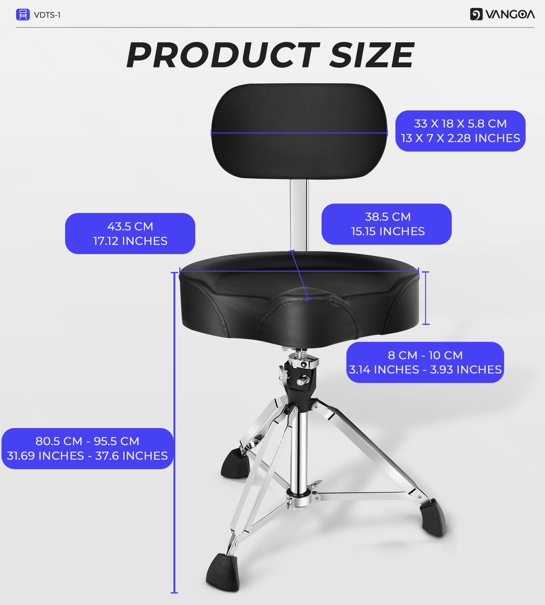 vangoa Drum Throne con schienale regolabile in altezza resistente, stile moto, sgabello confortevole girevole a doppio rinforzo per batteristi adulti