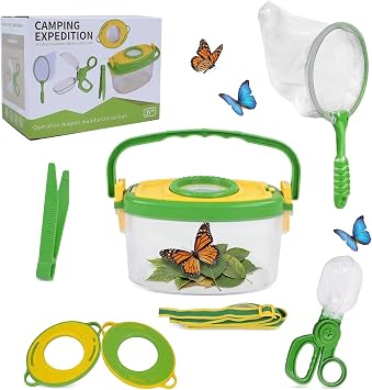 Bug Catcher Kit 6 Pcs - Insect Catching Set with Net, Bug Box, Magnifier & Tweezers - Outdoor Explorer Toy for Kids Age 3-12Green 6 Pcs