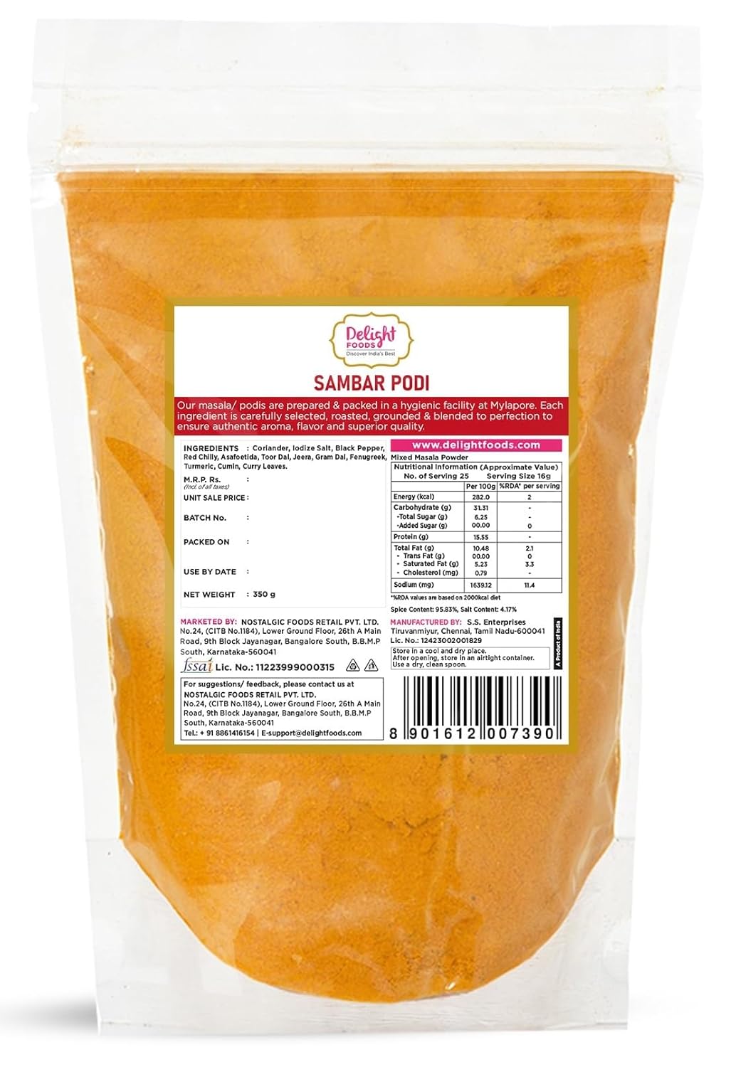 Delight Foods Mylapore Iyer's Sambar Podi 350g - Ready Masalas and Podi | Mixed Spices | Tamil Nadu Special | NO PRESERVATIVES