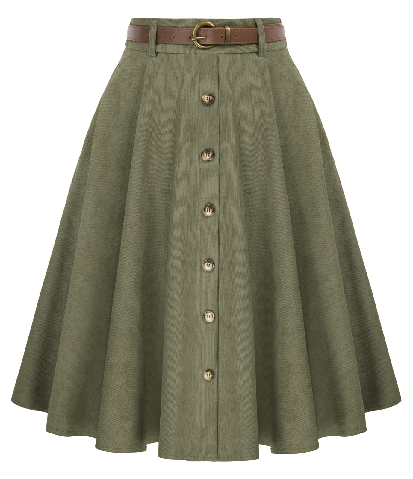 Belle Poque Women's Knee Length Corduroy Skirt with Pockets and Belt