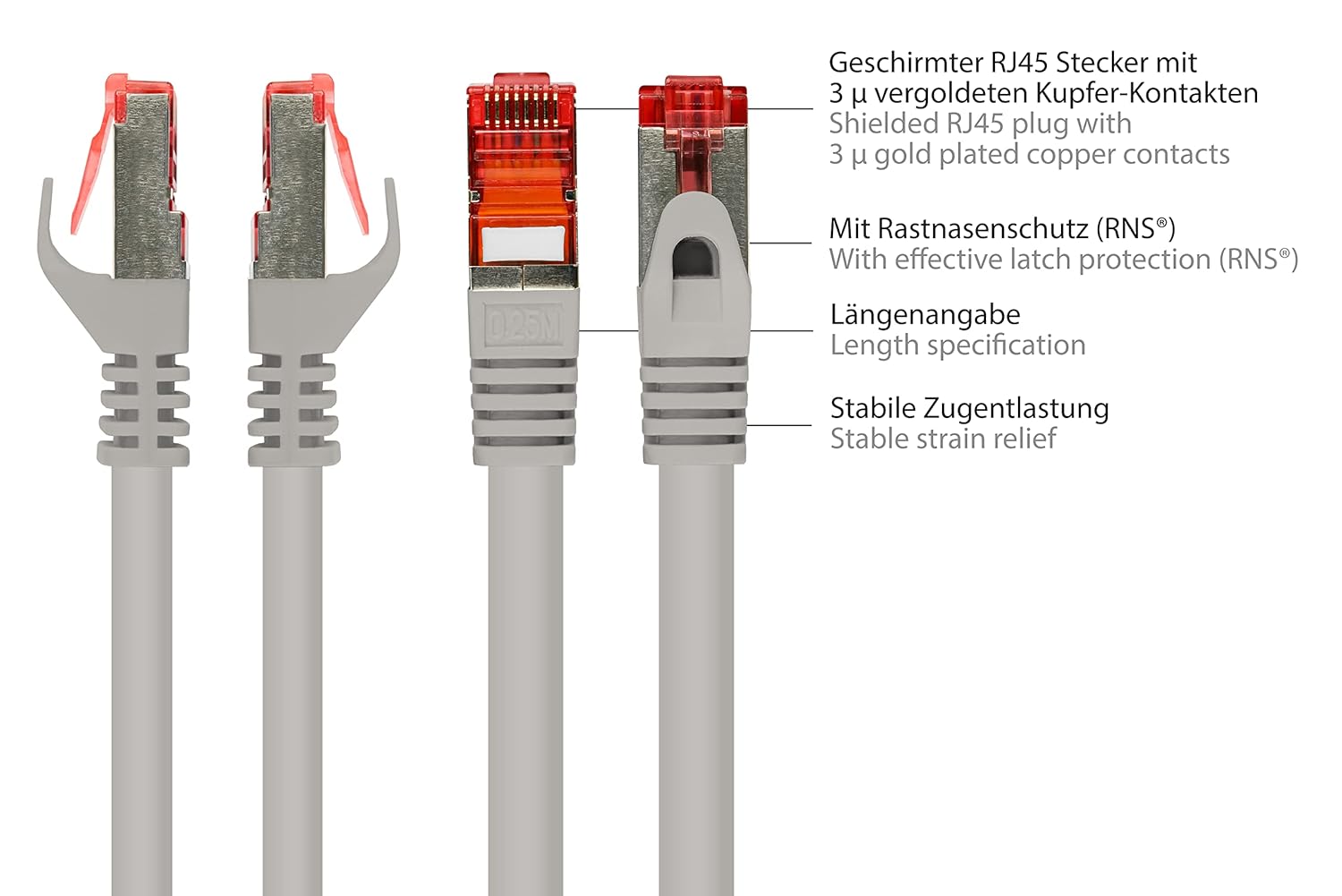 RJ45 Ethernet LAN Patch Cable with Cat. 7 Raw Cable and Latch Protection RNS, S/FTP, PiMF, Halogen-Free, 500MHz, OFC, 10-Gigabit Compatible (10/100/1000/10000-Base-T Ethernet